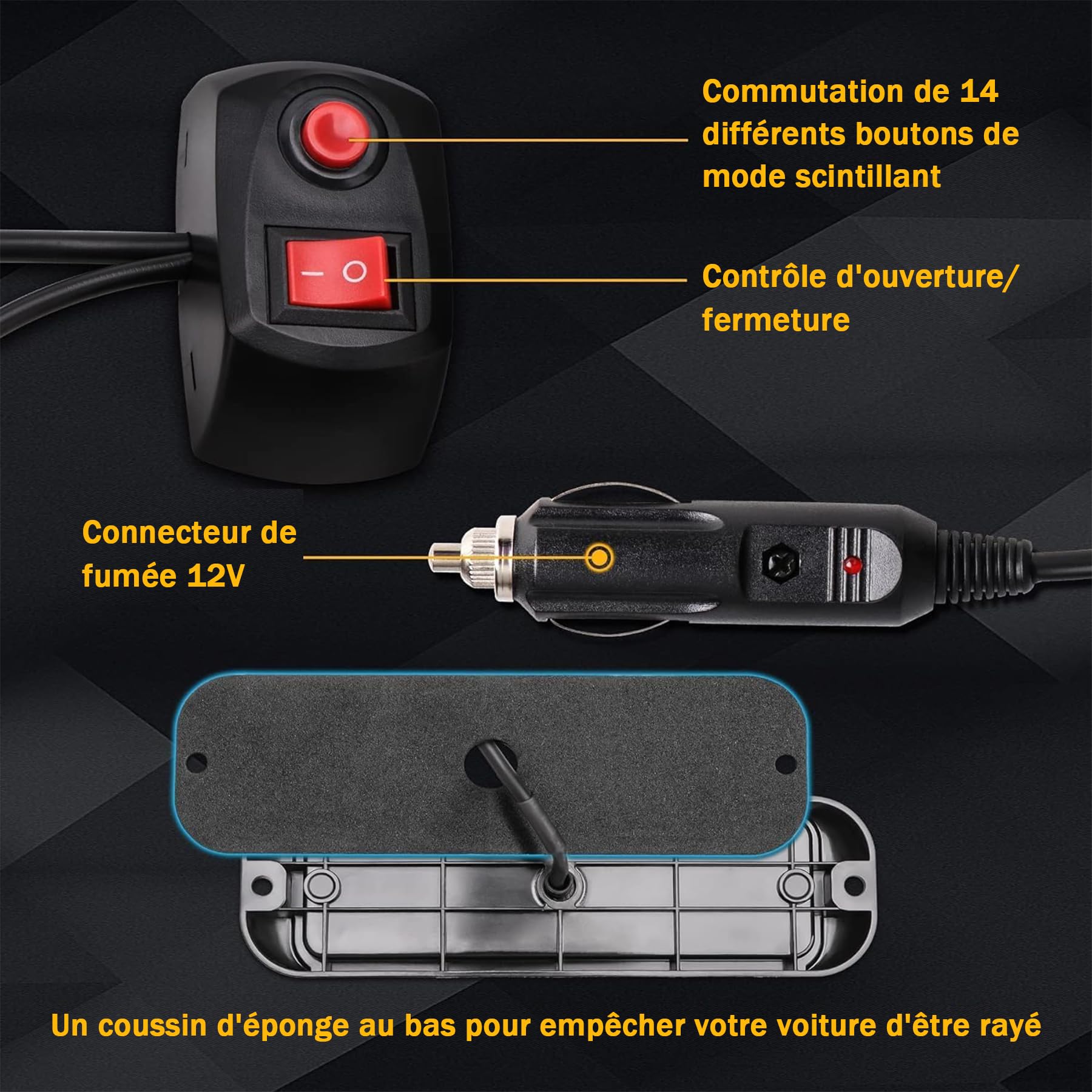 Feux de Pénétration LED Orange Blanc 12/24V, 8×8 LED, 14 Modes | IP65 étanche, adapté aux conditions difficiles, avec feu stroboscopique LED orange pour camions et voitures