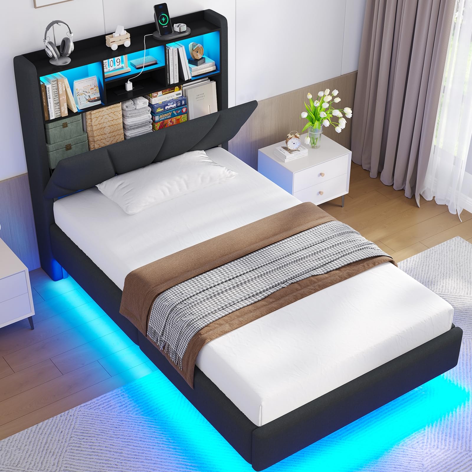 Brinlawb Schwebebett Polsterbett 90x200 cm mit LED-Beleuchtung und Ladestation (2 Steckdosen, 1 USB-A, 1 USB-C) Polsterkopfteil mit offenem Regal und verstecktem Stauraum, Jugendbett 90x200 cm Grau