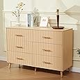 DWVO 7 Drawer Dressers Storage Cabinet Natural Rattan Oak Wooden Chest with Golden Handles - Modern Large Closet Boho for Living Room/Hallway/Entryway