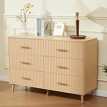 DWVO 7 Drawer Dressers Storage Cabinet Natural Rattan Oak Wooden Chest with Golden Handles - Modern Large Closet Boho for Living Room/Hallway/Entryway
