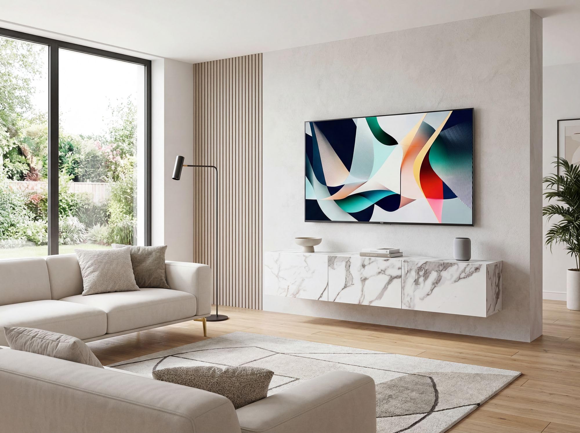 FineBuy Lowboard Hängend 160x30x30 cm Weiß Marmor-Optik mit Klapptüren