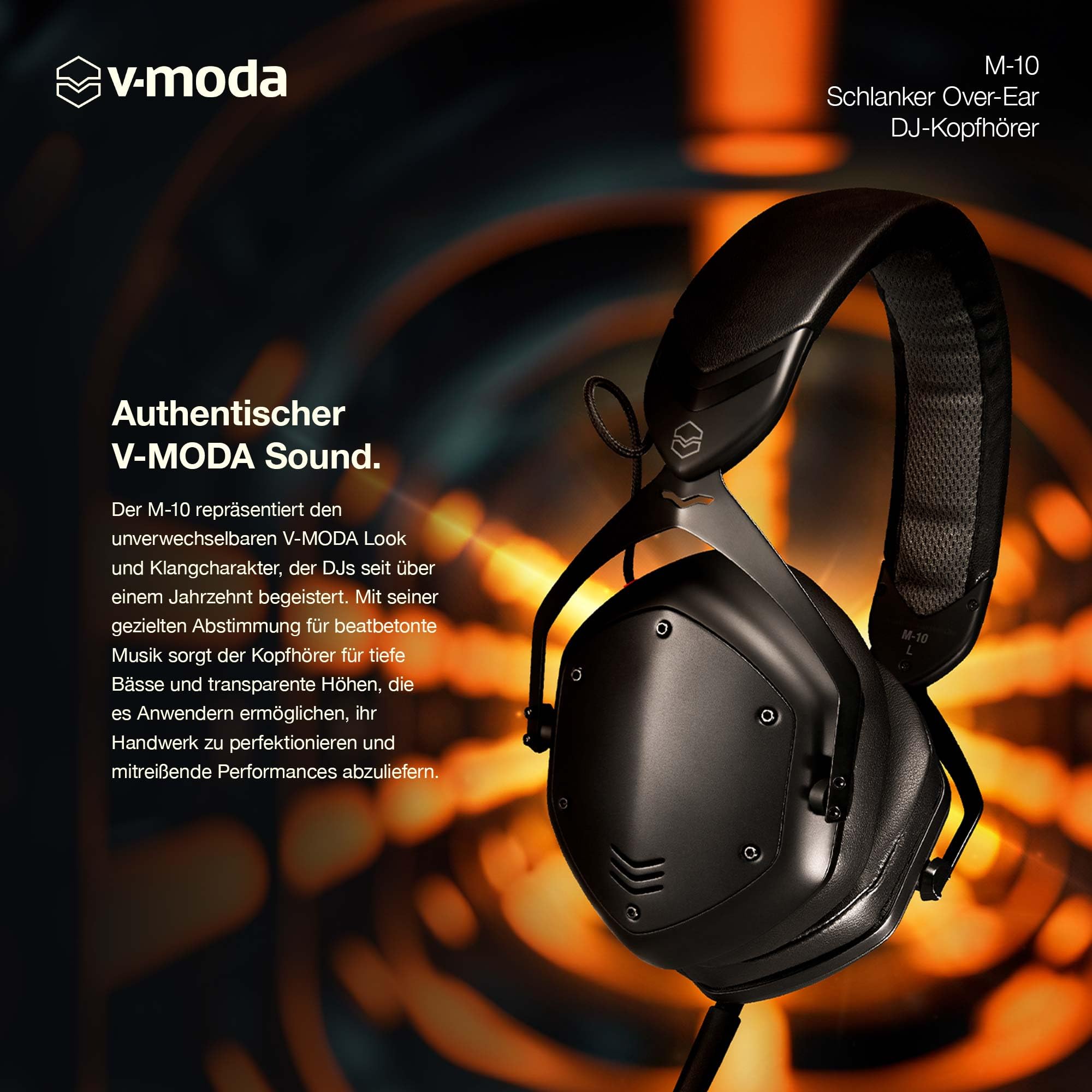 V-Moda M-10 | Schlanker Over-Ear DJ-Kopfhörer | Für DJs & beatlastige Musik | Tiefer Bass mit High-End-Transparenz | Memory-Schaum-Ohrpolster für Lange Sessions | schwarz