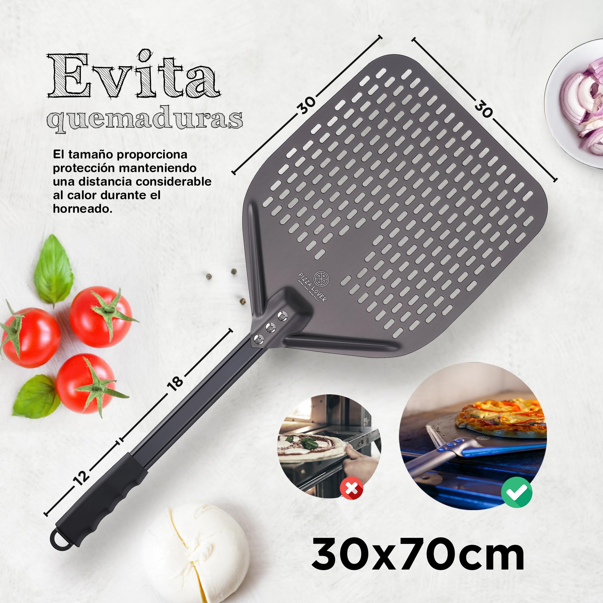 Pizza Lover Pala de pizza de premium perforada, 30 x 70 cm, de aluminio anodizado duro (antiadherente), para pizza casera, ideal para piedra de pizza, horno y barbacoa