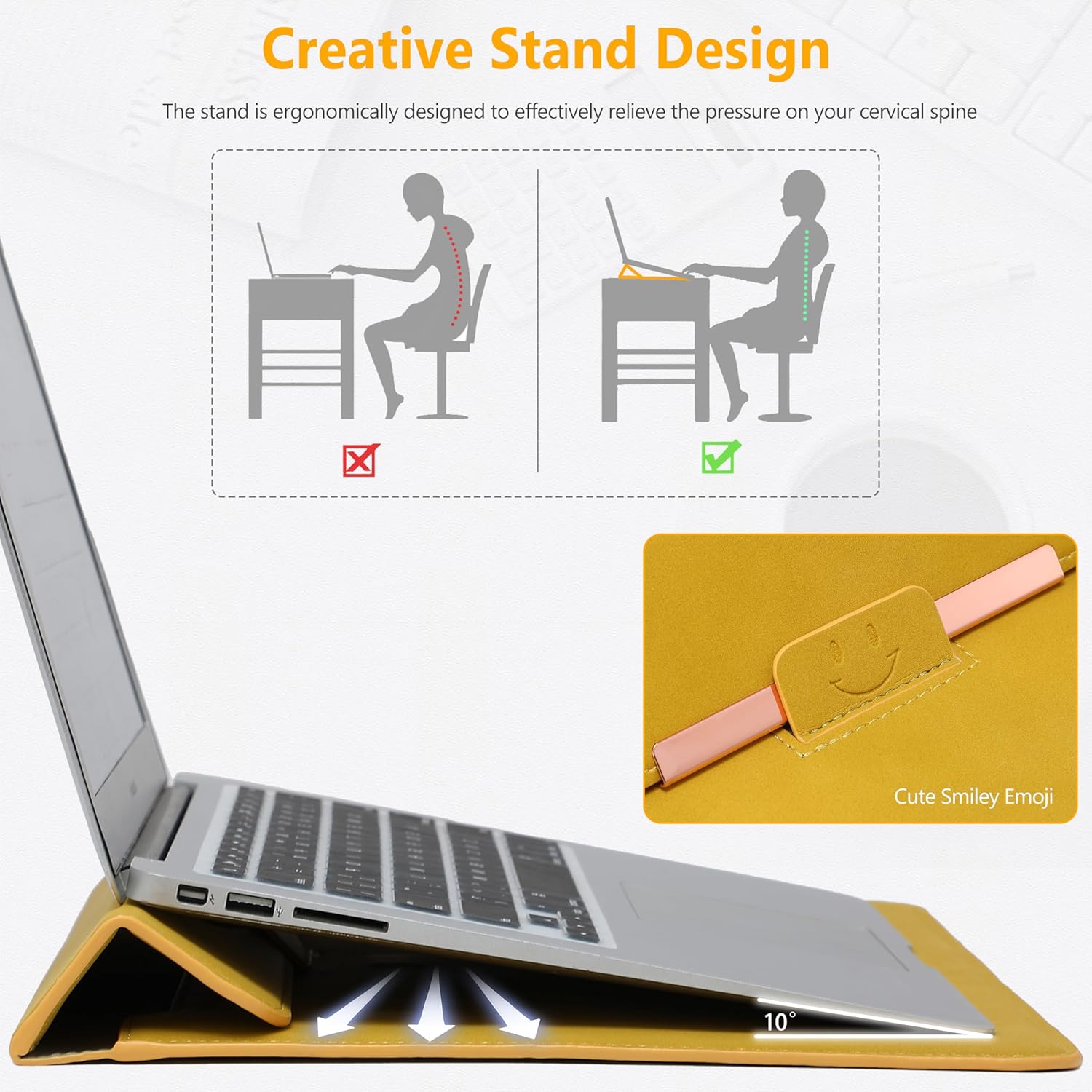 HYZUO 13.3-14 Inch Laptop Sleeve Case with Stand for MacBook Pro 14 M5/M4/M3/M2/M1 2026-2021, MacBook Air/Pro 13.3, 13.8-13.5 Surface Laptop, HP Spectre X360 13/14, Envy 13, Olive Yellow(Smiley) - Image 3