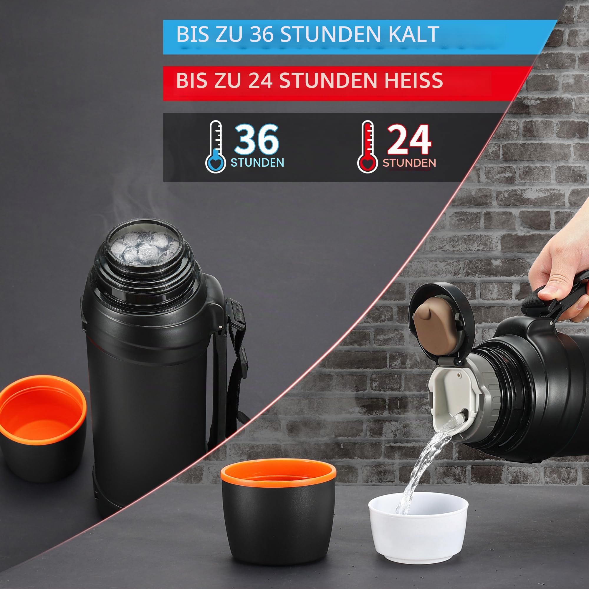 Thermosflasche Edelstahl Vakuum Trinkflasche 2.5L, Isolierflasche mit Trinkbecher, Thermoskanne hält 24 Stunden heiß, 24 Stunden kalt, BPA-Free（Schwarz）