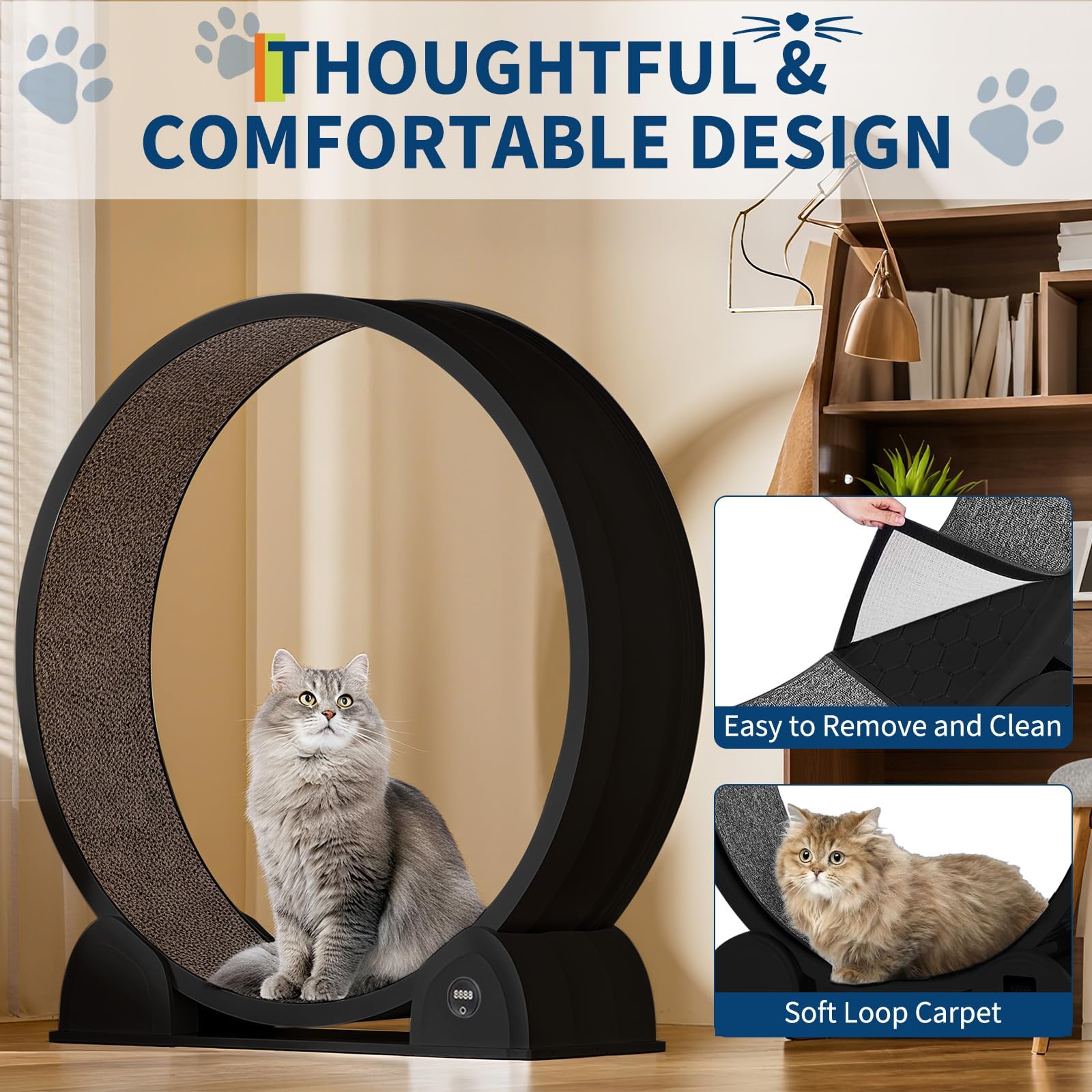 Rueda de Ejercicio para Gatos de Interior, diseño silencioso, Madera Natural Extra Grande, Pista alfombrada de 320 cm Desmontable con podómetro Inteligente, Ideal para Correr y Caminar