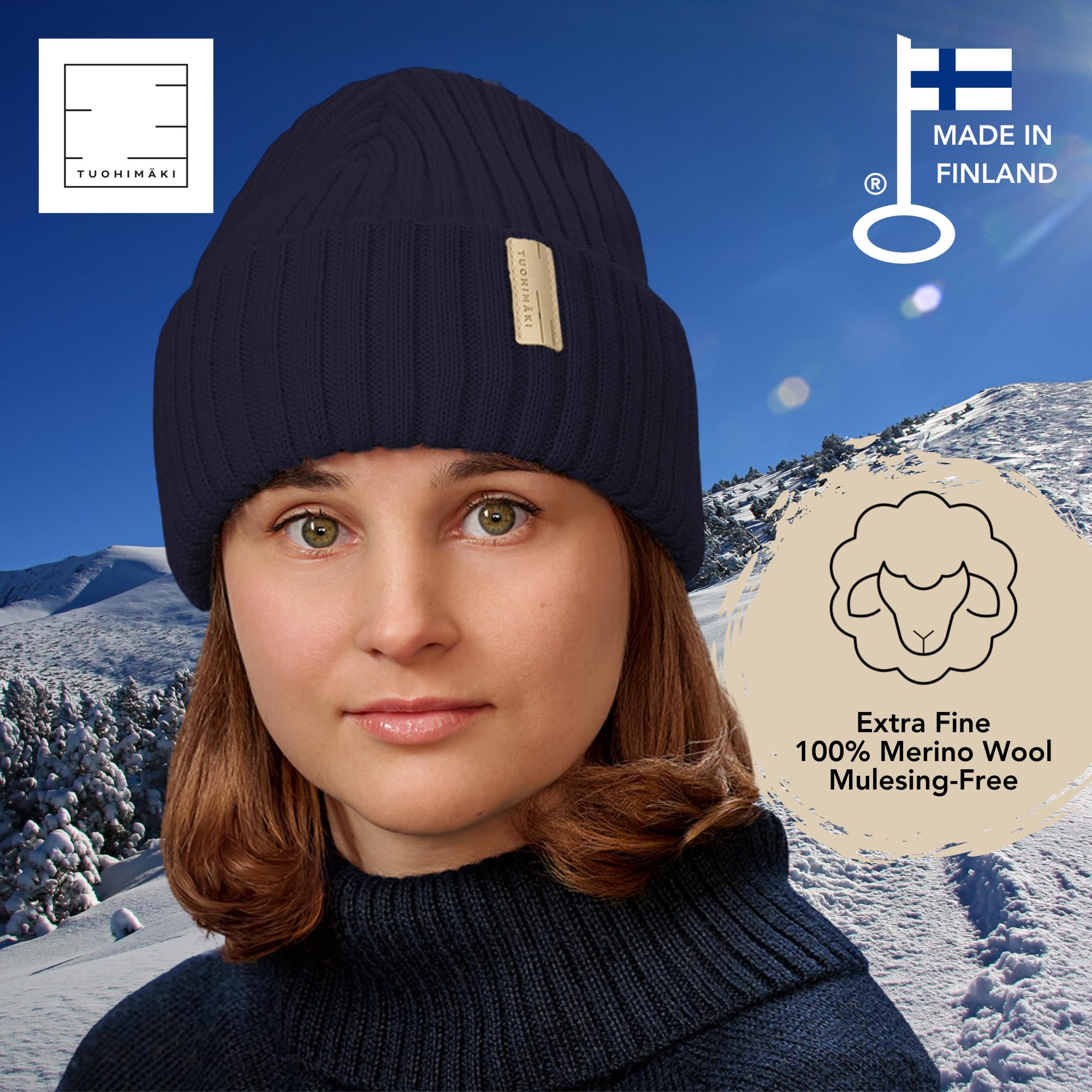 Gorro de Lana Merino para Mujer, 100% Lana Merino Extrafina, sin Mulesing – Fabricado en Finlandia – Azul Oscuro, Talla Única – Gorro de Invierno Suave y Transpirable