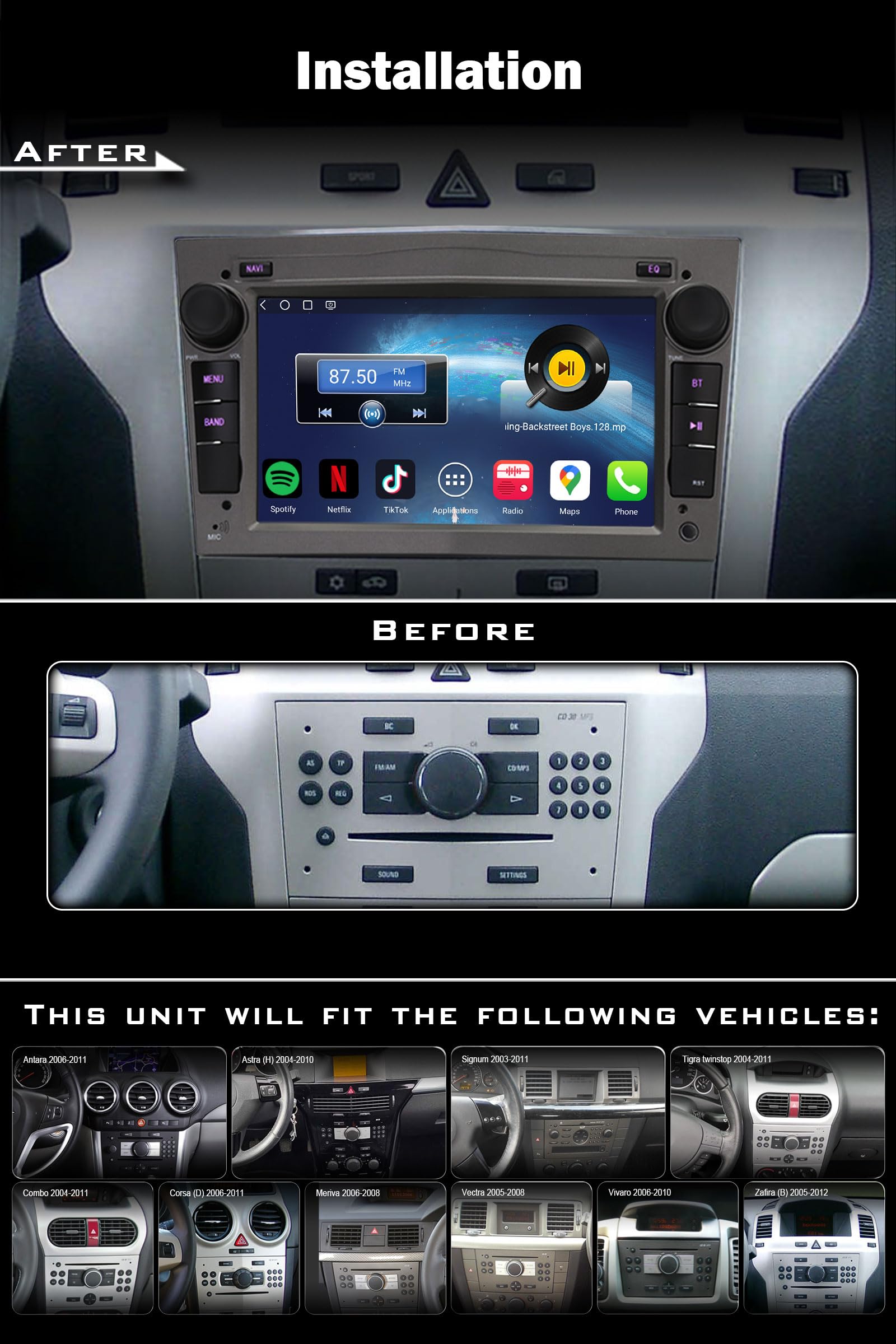 Android 14 Qualcomm 4Go 64Go Autoradio CarPlay pour Opel Astra H Corsa D C Meriva B Signum Vivaro Zafira B Antara Bluetooth GPS Navigateur Écran Tactile WiFi Bluetooth 5.1 DSP Canbus Dab+