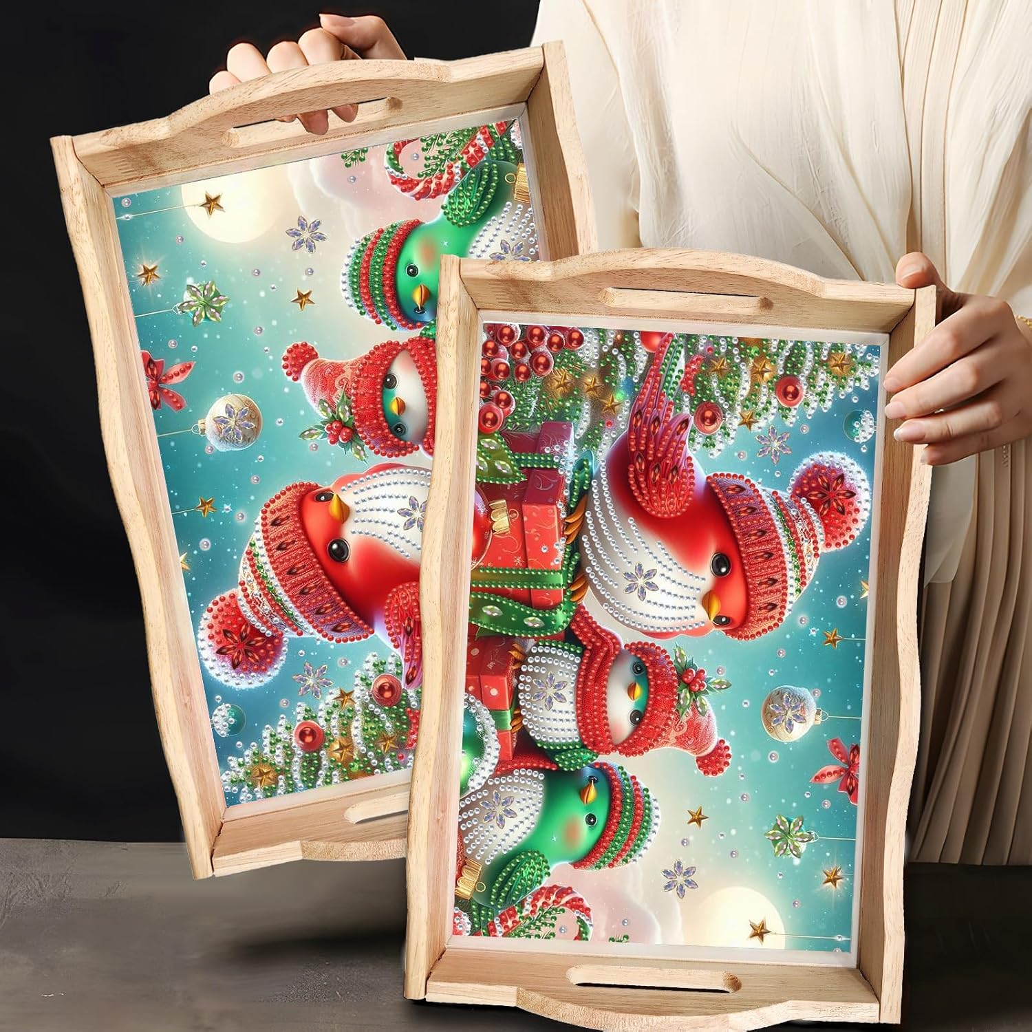 Diamond Art Painted Rectangular Dot Drilled Wooden Tray, Handmade Wooden DIY Restaurant Snack Tray Tea Tray Coffee Tray Diamond Wooden Tray Dinner Plate-Christmas Bird