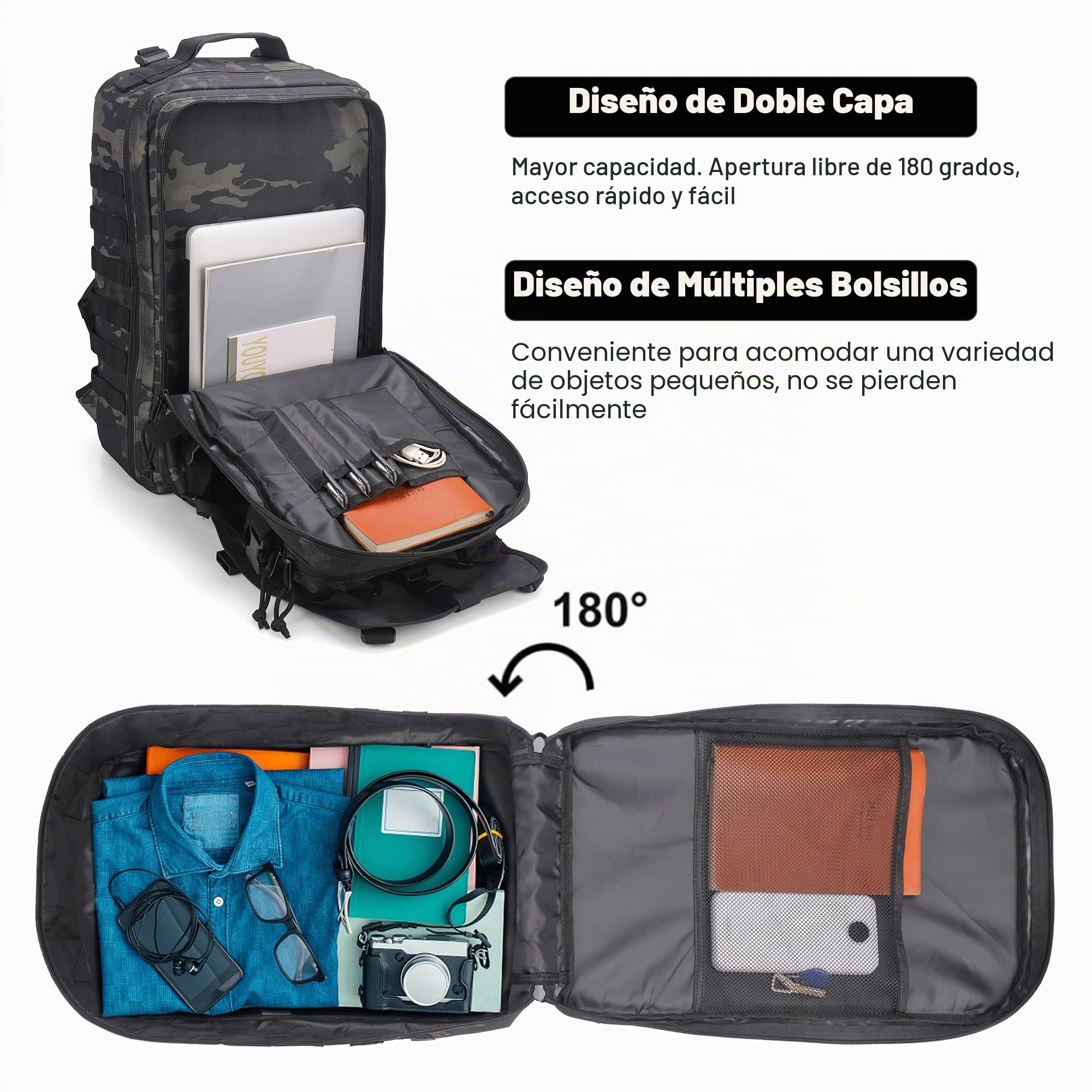 Mochila Moto Hombre, Mochila Militar Tactica 45L, Negra Impermeable Bolsa Casco Moto, Portátil Mochila Trekking para Supervivencia, Acampada