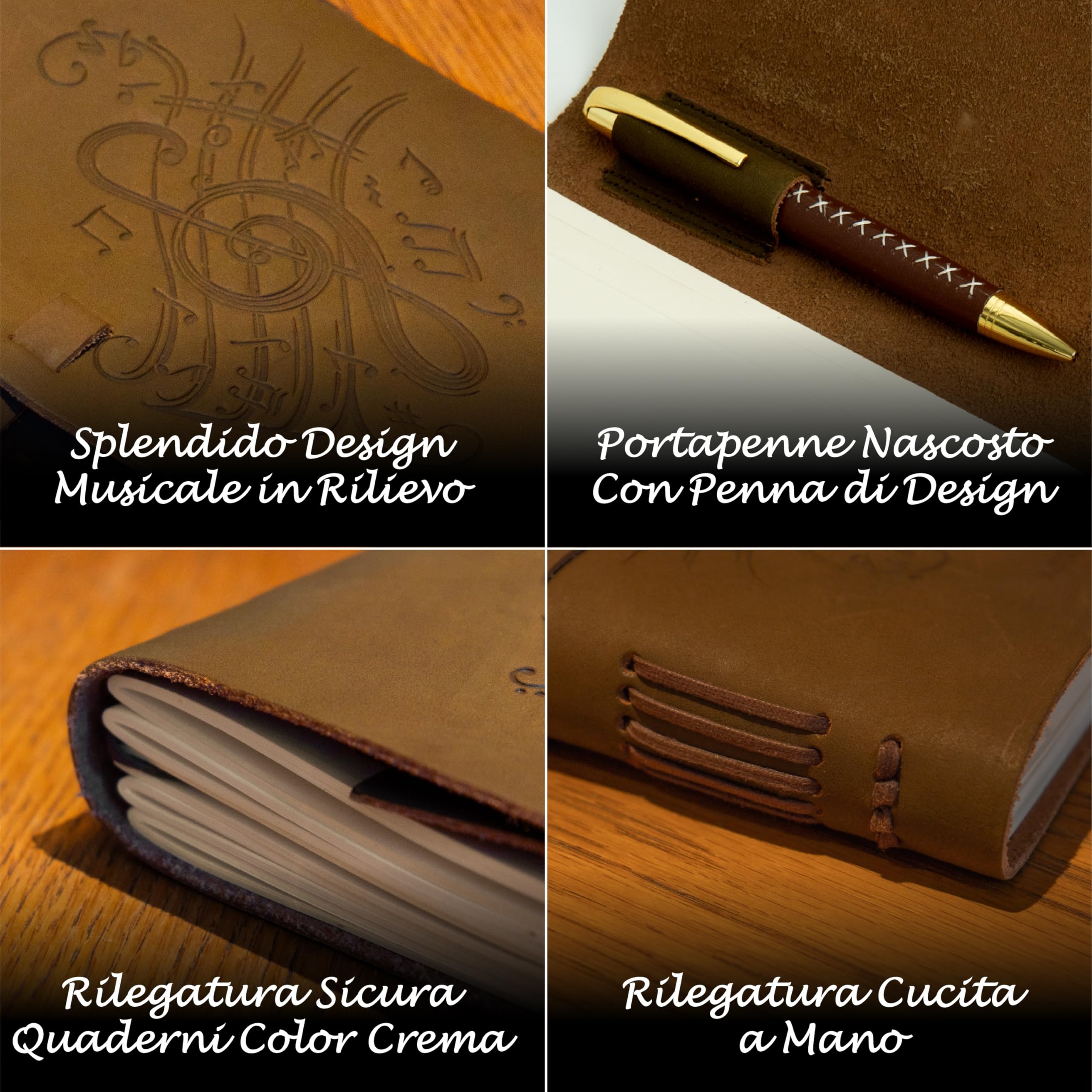 Leather Journal Embossed Music Gift Set + Antique Leather Bookmark + Pen, Handmade Writing Notebook 8x6 Inches Unlined Leather Bound Daily Notepad For Men For Women, Luxury Gift Box Diary for all ages