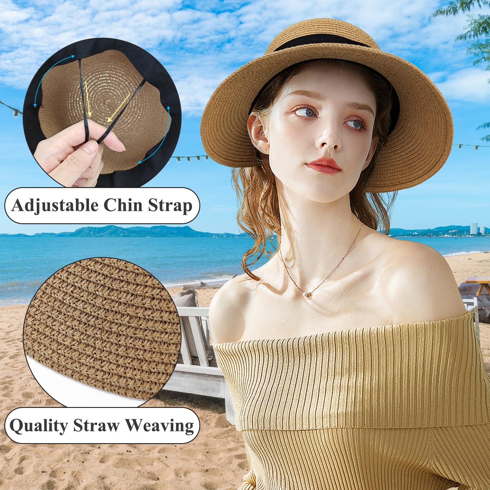 Sombrero de paja para mujer, protección UV, sombrero de paja con ala ancha, transpirable, sombrero de playa, sombrero de verano plegable para viajes y vacaciones