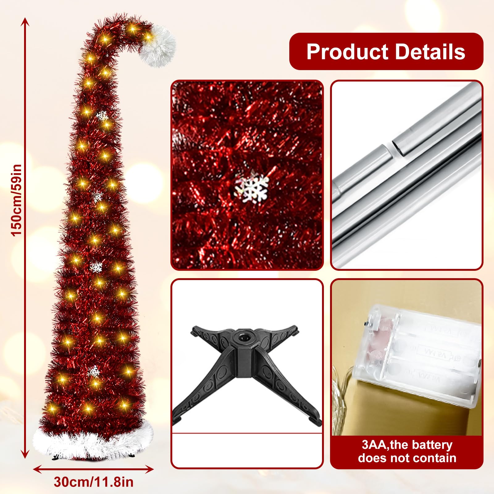 BigKing 150 cm Sapin de Noël Artificiel avec Support et Guirlande Lumineuse | Pliable Arbre de Noël artificiel - Décoration à paillettes - Parfait pour fête, salon ou bureau (bonnet de Père Noël rouge)