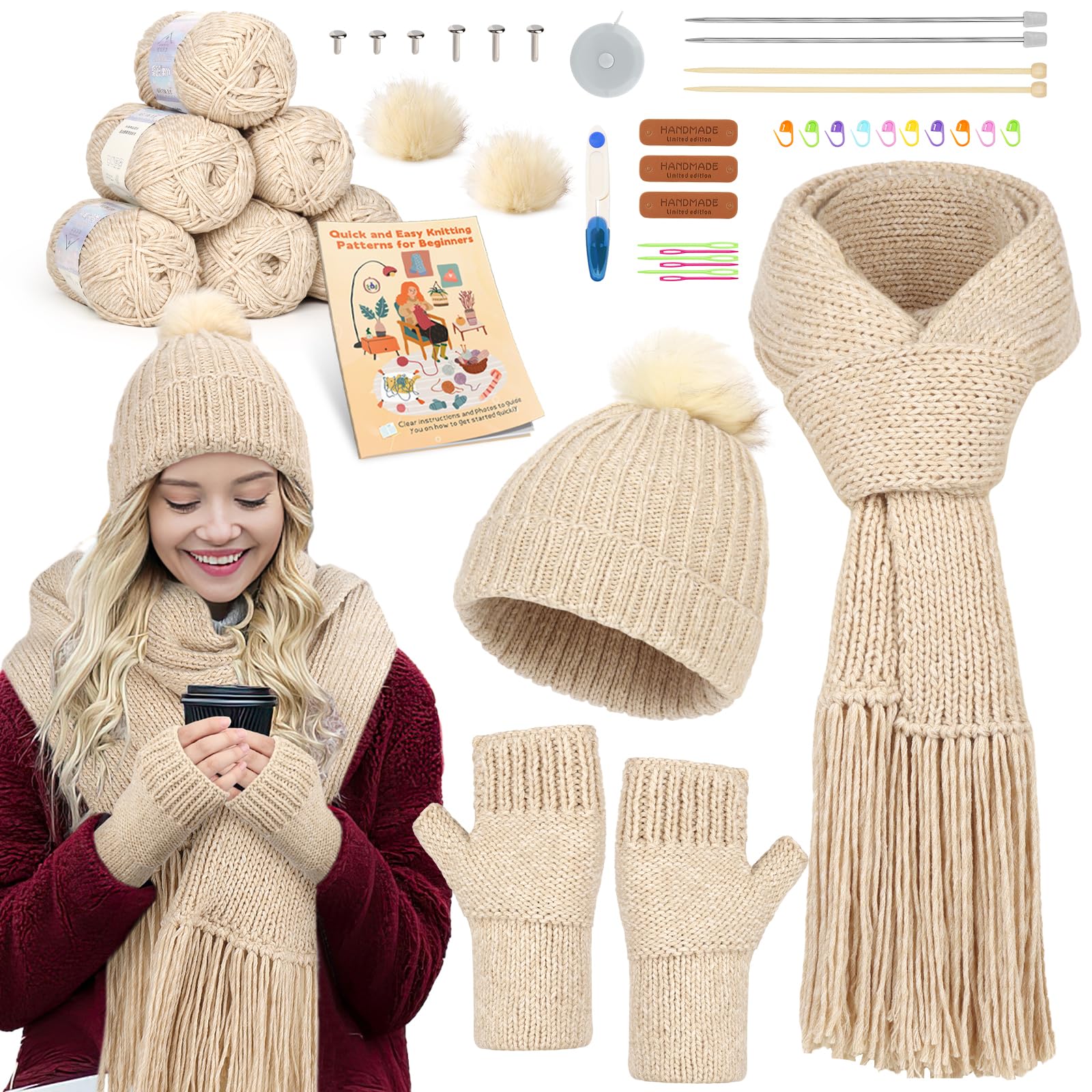 Reessy Stricksets für Anfänger Erwachsene, Mütze Schal Handschuhe Strickset für Erwachsene zum Erlernen des Strickens inklusive Schritt-für-Schritt-Anleitungsbuch, Stricknadeln weiche Garnknäuel und