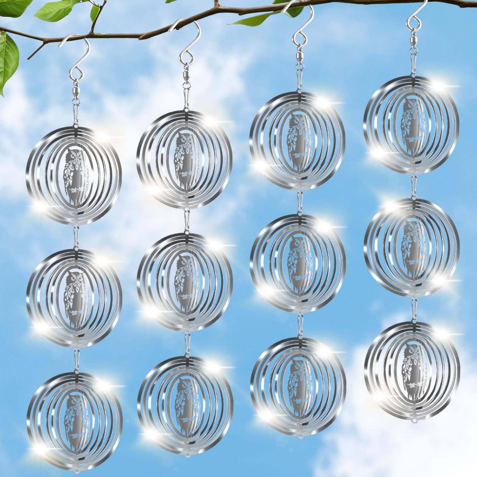 CHONOVO Bird Deterrents for Outside, 12 Discs 4 Set Reflective Owl Wind Spinners, 3D Bird Scare Devices to Keep Woodpecker Pigeon Away, Outdoor Hanging Bird Reflectors for Patio, Roof, Garden, Yard