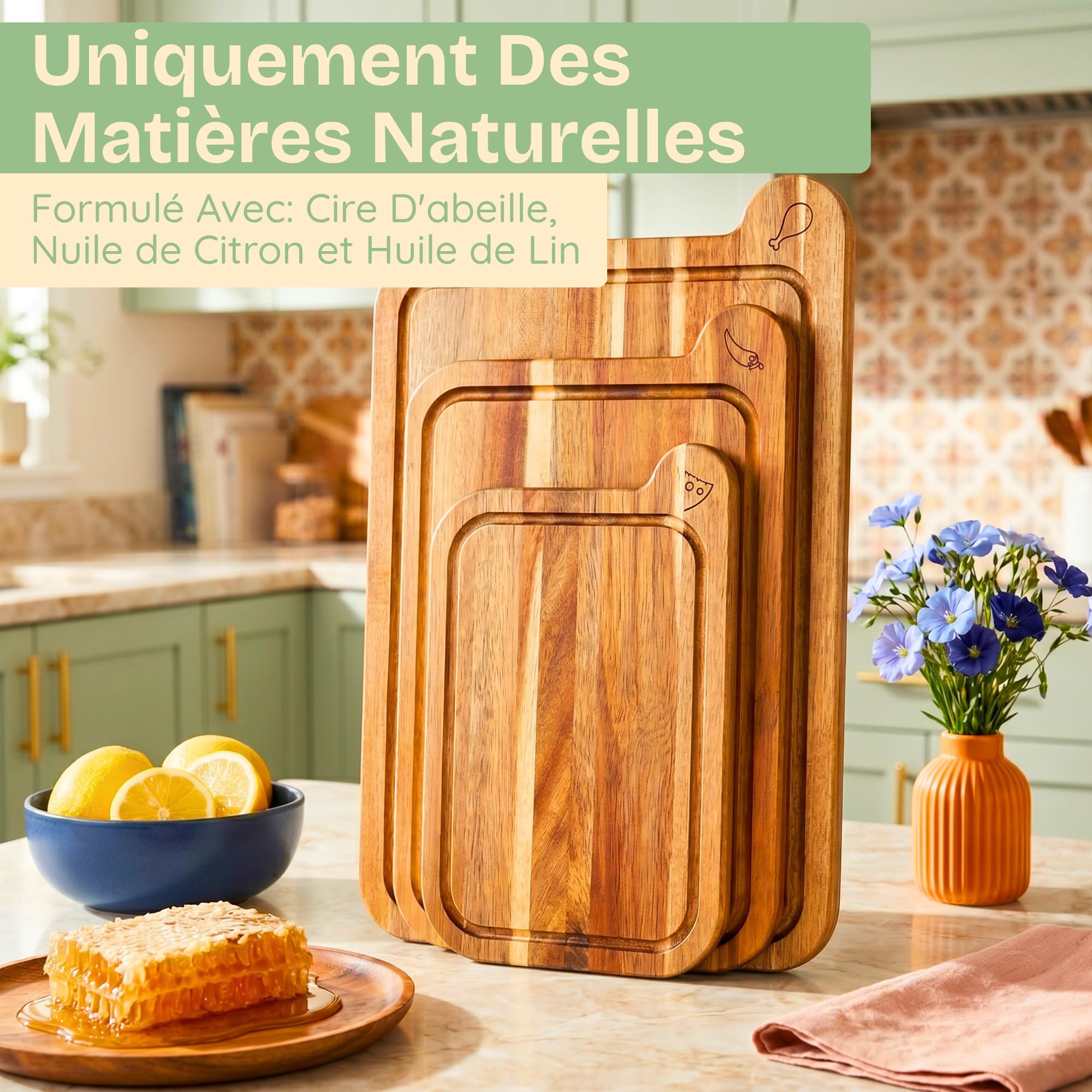Planches à Découper Non Toxiques - Set Sans Huile Minérale, en Bois d'Acacia FSC - Ustensiles de Cuisine en Bois - Comprend 3 Planches à Découper. Par Ziruma