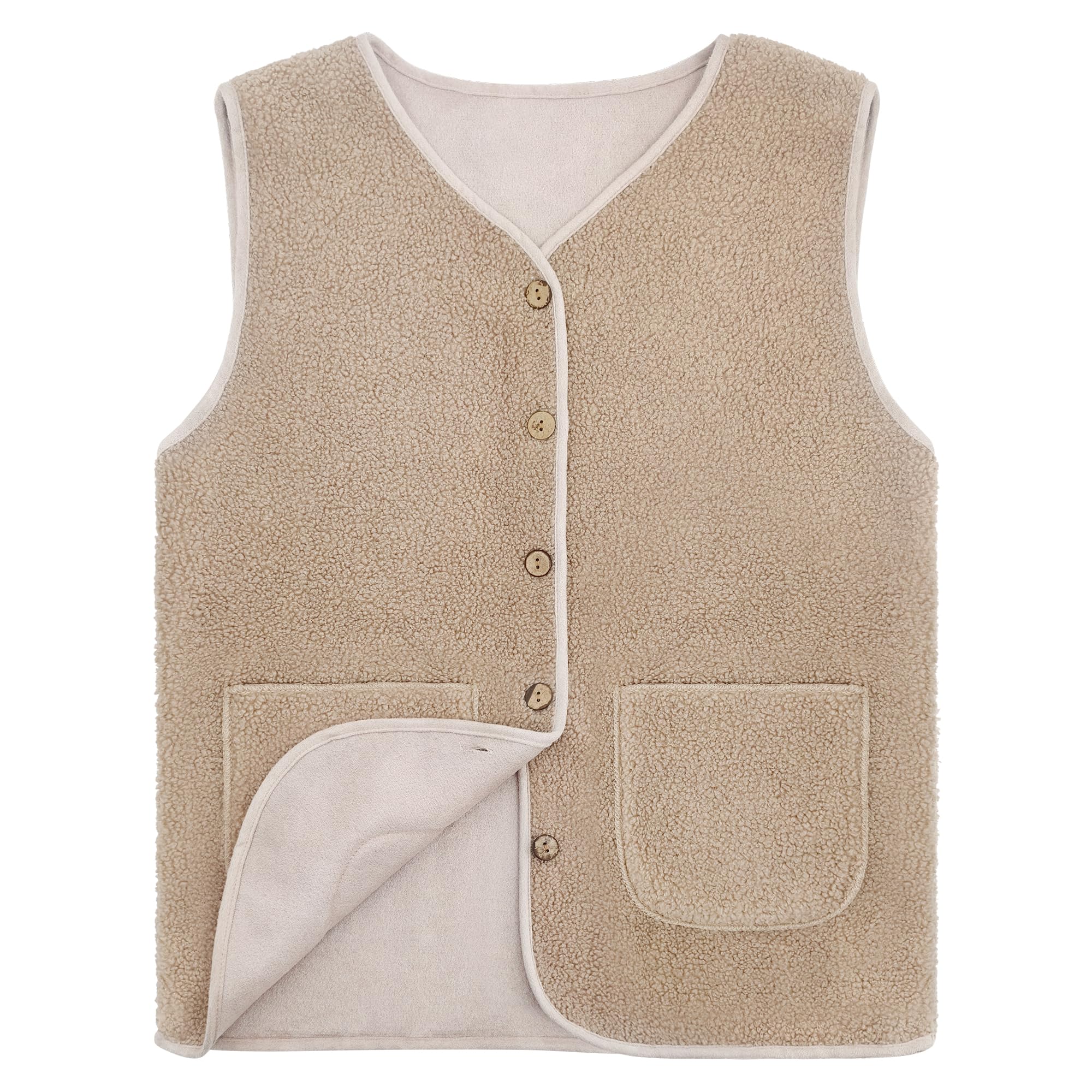 beifon Teddy Fleece Weste Damen Herbst Winter Warm, Ärmellos Fellweste Damen Einfarbig V-Ausschnitt Knöpfen Fleeceweste aus Teddyfell, Fell Weste Kurz Plüschweste Teddyweste Outwear Thermoweste