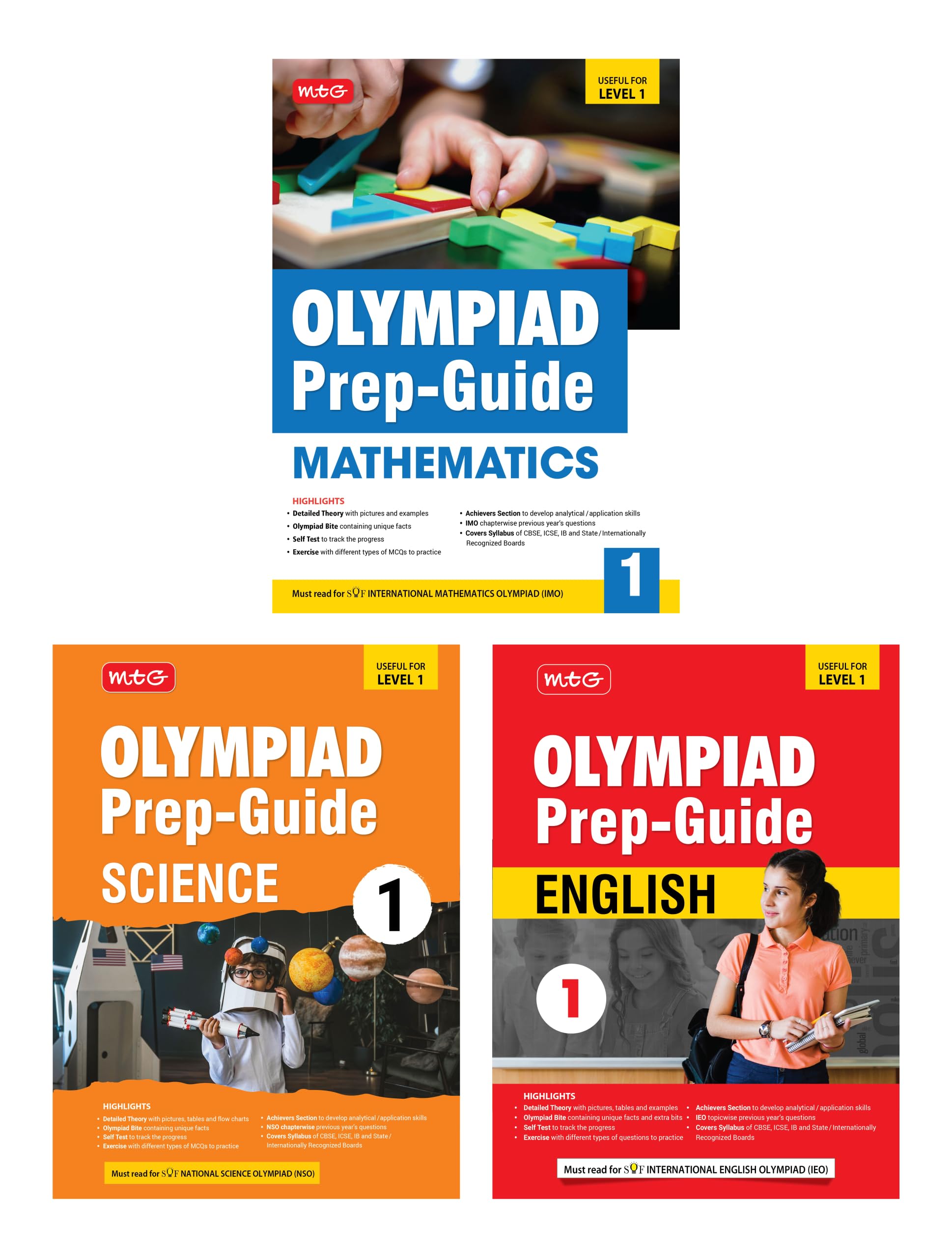 MTG Olympiad Prep-Guide Class-1 Mathematics Science & English (Set of 3 Books) - Detailed Theory Self Test with IMO-NSO-IEO Chapterwise Previous Year Question Paper For SOF 2024-25 Exam [Paperback] MTG Editorial Board