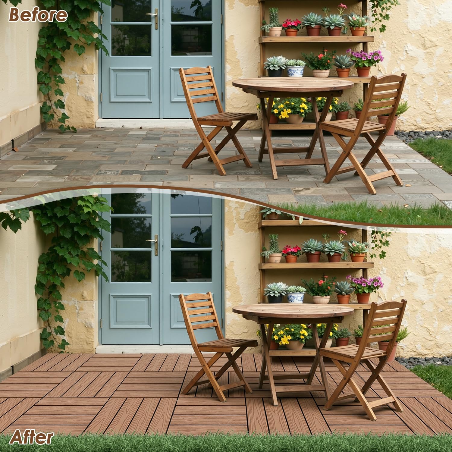 Piastrelle in WPC, 30 x 30 cm, effetto legno, set da 33 pezzi, per 3 m², per balcone con drenaggio, impermeabile e antiscivolo, marrone