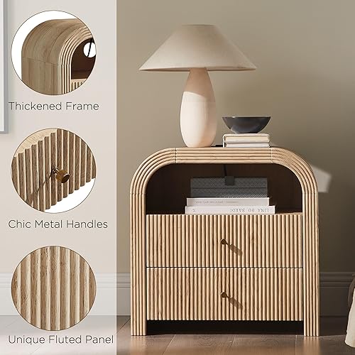 Miniatura 6 de T4TREAM Mesita de noche acanalada con estación de carga, mesa de noche grande de 24 pulgadas con 2 cajones, mesa auxiliar moderna con mesita de