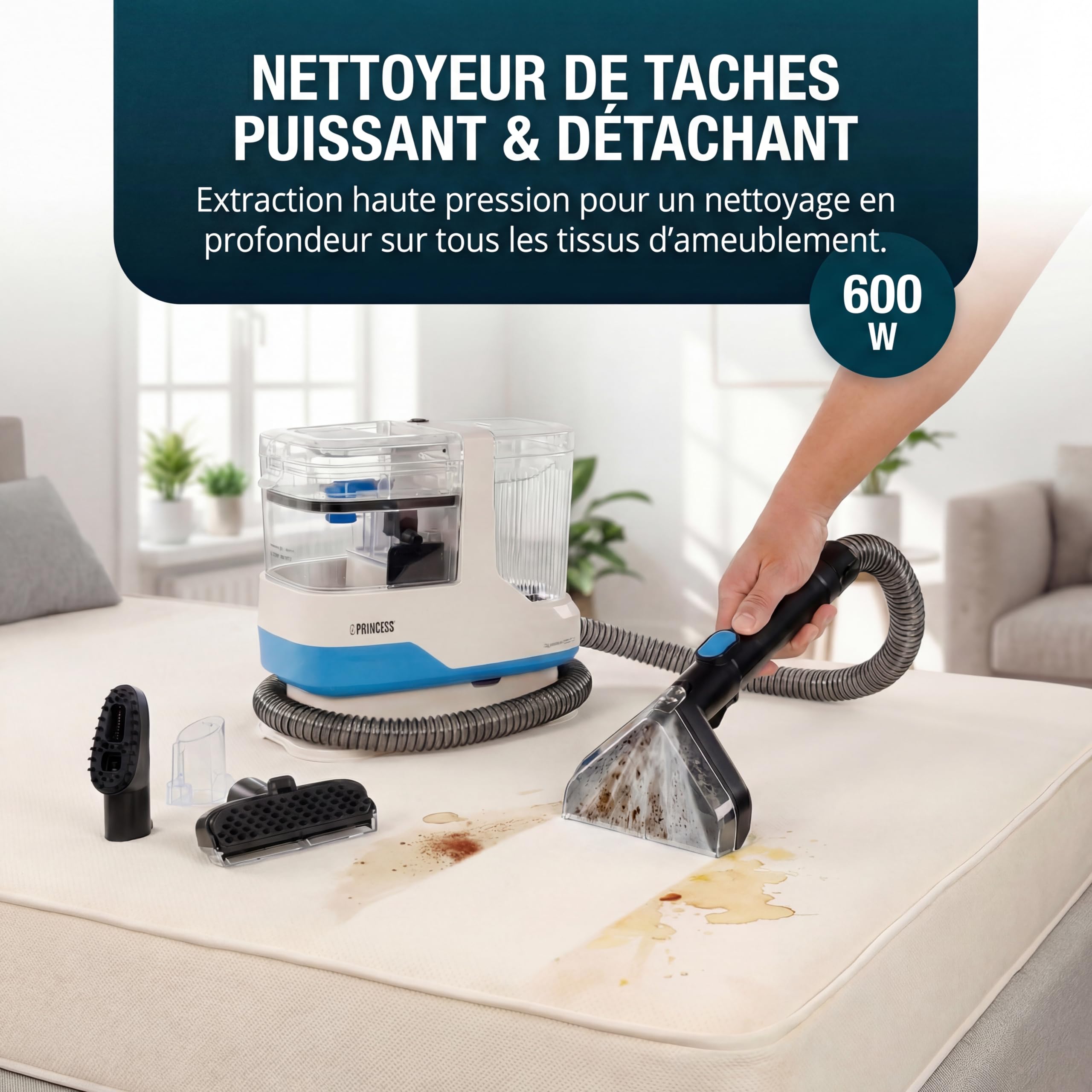 Princess Spot Master Nettoyeur de taches à froid, 600 W, réservoir d’eau propre 1100 ml, compact et léger, pour tapis et tissus d’ameublement, 01.332013.01.001