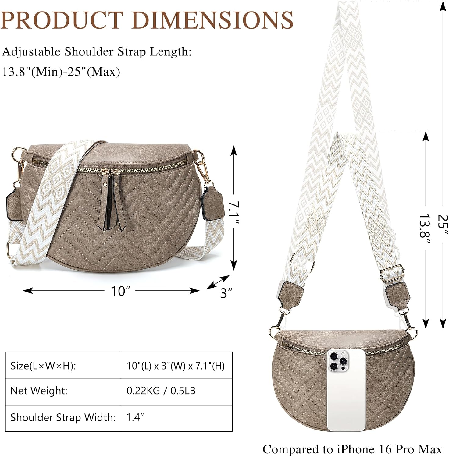 Women's Vegan Leather Crossbody Waist Pack, Fanny Pack Sling Bag with Adjustable Belt, Boho Style Shoulder Purse for Travel, Daily Use (Khaki)