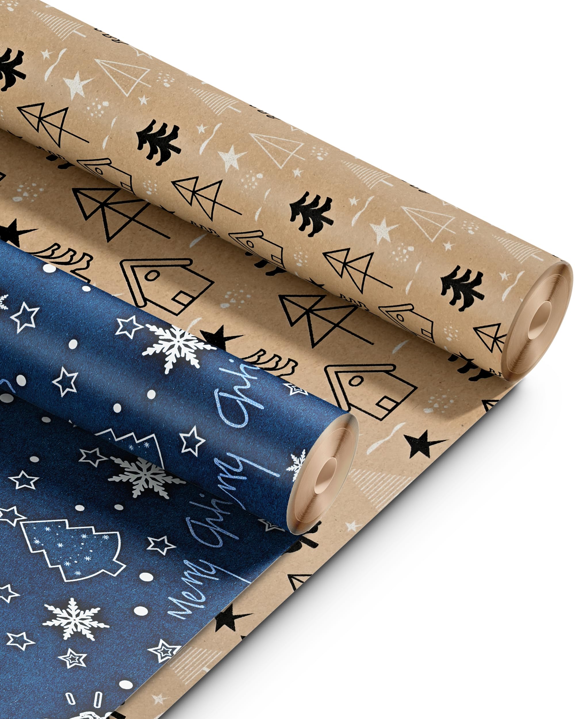 Kraft & Co 2 Pack Christmas Wrapping Paper Roll - Festive Designed Recyclable Kraft Paper, Perfect for Holiday Gifts, Arts & Crafts-Wrapping for a Merry Christmas (44.5cm x 25m) - Jingle