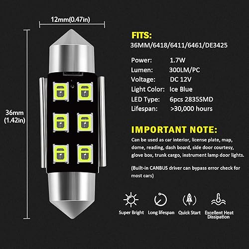 Miniatura 10 de AUXLIGHT DE3175 DE3021 6418 6411 211-2 212-2 578 569 Canbus Bombillas LED de luz interior sin errores 6000K Xenon Blanco, Super brillante 6SMD chips