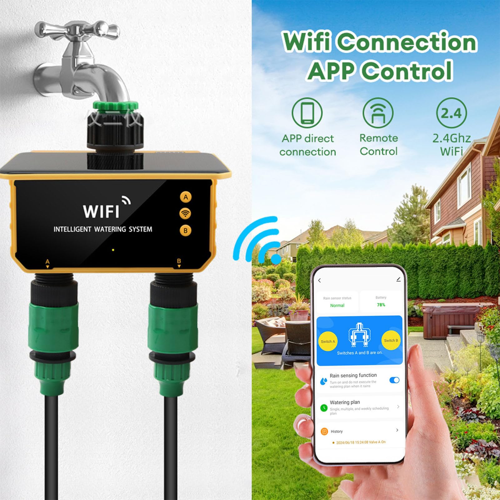Tonysa Solar Watering Timer z Czujnikiem Deszczu i Sterowanie Wi-Fi, Inteligentny Kontroler Nawadniania do Ogrodu, Automatyczny System Podlewania z 2 Punktami Sprzedaży i wbudowaną Akumulator