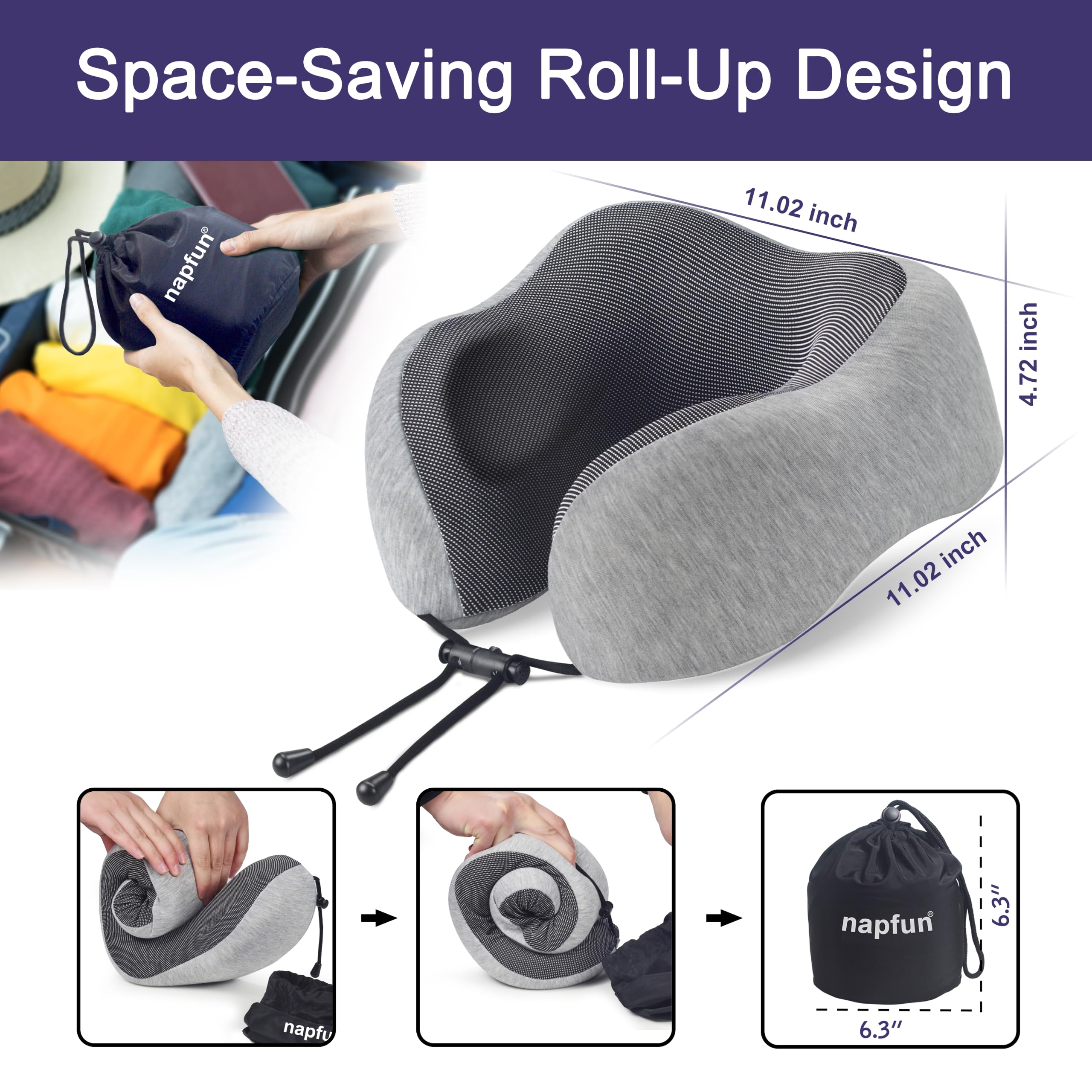 napfun Neck Pillow for Traveling, Upgraded Travel Neck Pillow for Airplane 100% Pure Memory Foam Travel Pillow for Flight Headrest Sleep view 2