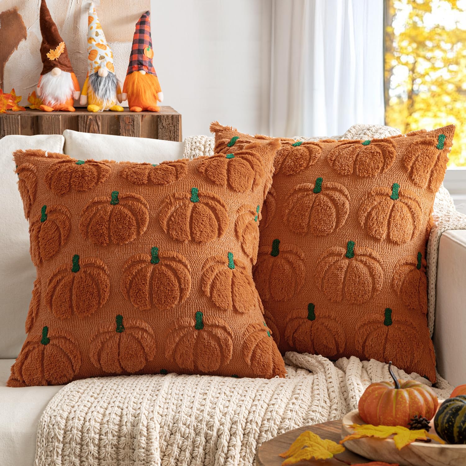 MIULEE Fall Pumpkin Throw Pillow Covers Decor Set of 2 Dark Rust Green Stem 18 x 18 Decorative Cushion Covers Soft Faux Fur Couch Pillows for Autumn Harvest Outdoor Porch Farmhouse Halloween Home