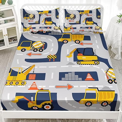 AILONEN Juego de sábanas bajeras de tamaño matrimonial con diseño de excavadoras, vehículos de construcción de dibujos animados, para niños, niños,