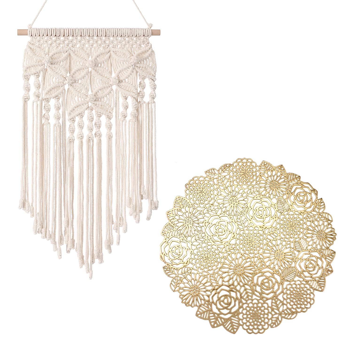 VUDECOElegant Round Gold Placemats Set of 6 and Boho Macrame Wall Hanging Tapestry Woven Wall Decor