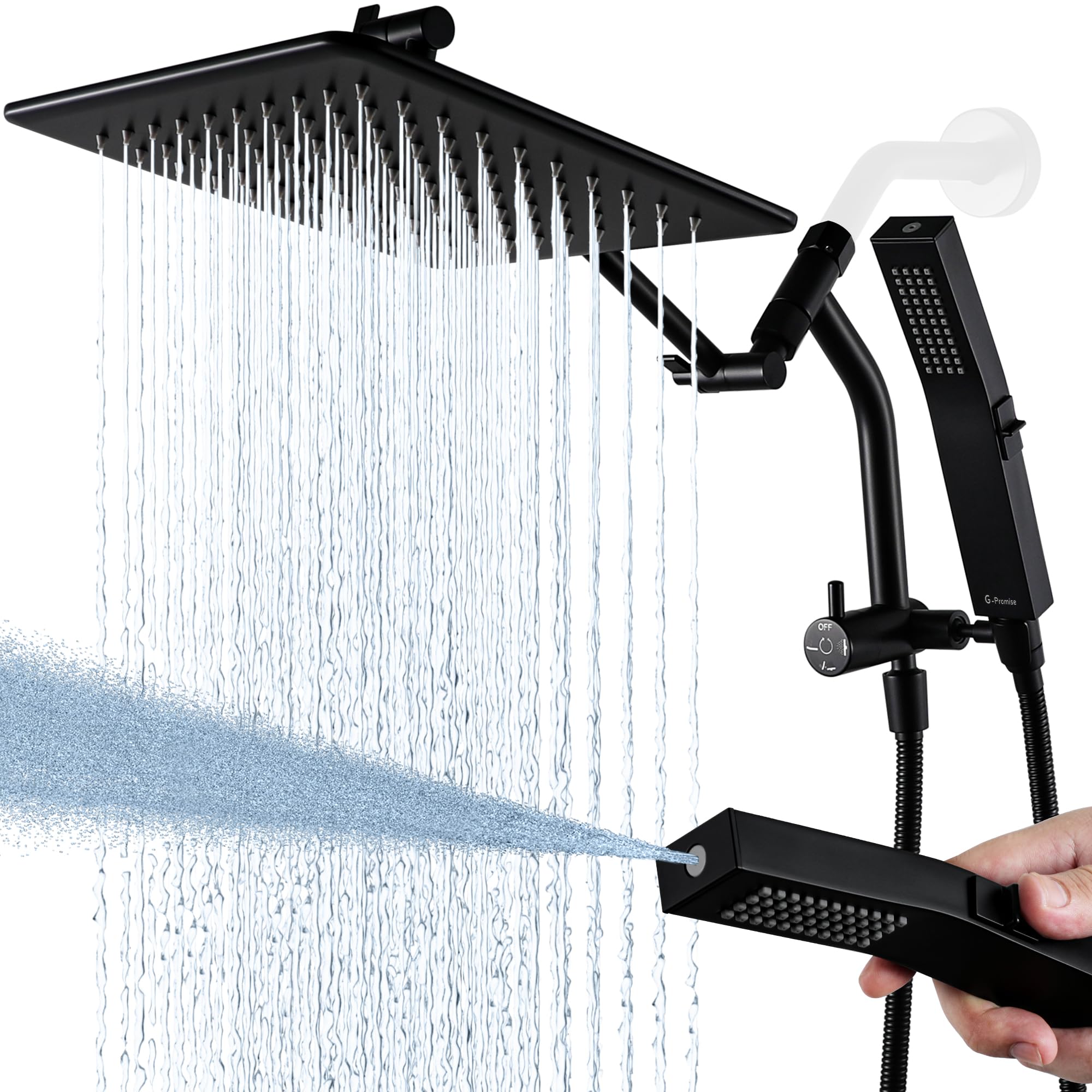 G-Promise All Metal 10 Inches Rain Shower Head with Handheld Built-in Power Wash Mode, 3-way Diverter with Pause Setting, 11 Inches Adjustable Extension Arm with Lock Joint, Long Hose (Matte Black)