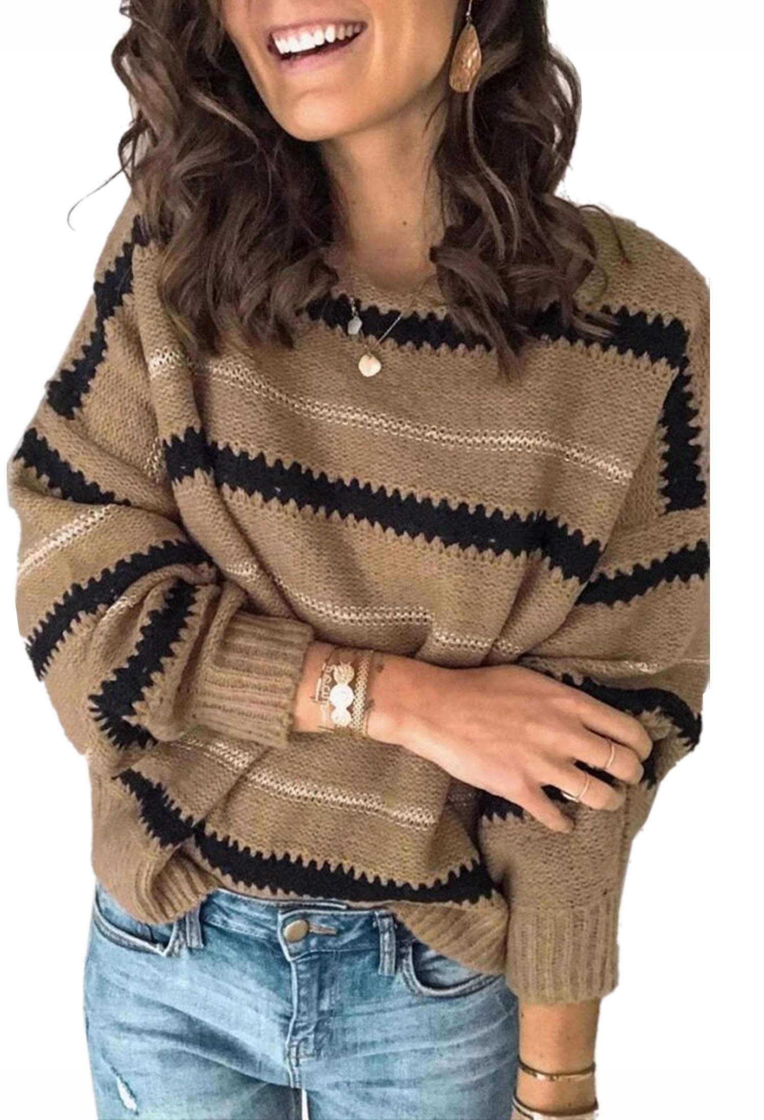 Womens Sweater Pullover Casual Long Sleeve Crewneck Color Block Pullover Knit Sweater for Women