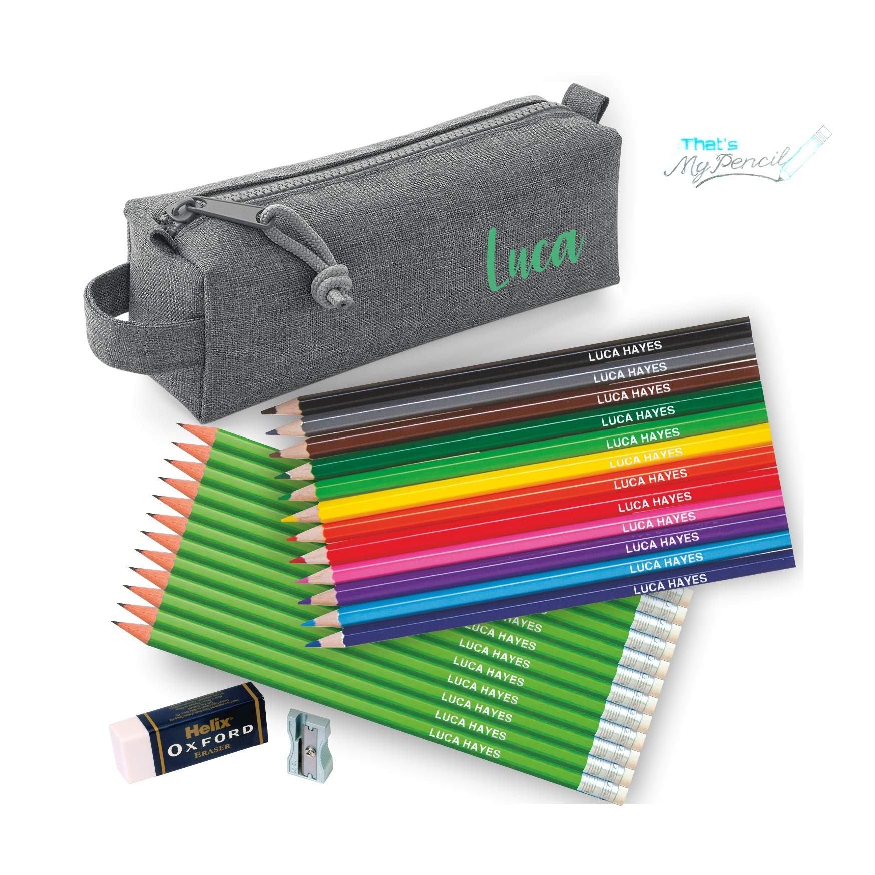 Personalised Marl Grey Block Pencil Case with 12 Colouring Pencils, 12 Matching HB Pencils with Erasers Plus Helix Oxford Sharpener and Eraser - Printed in UK by 'That's My Pencil' (Mint)