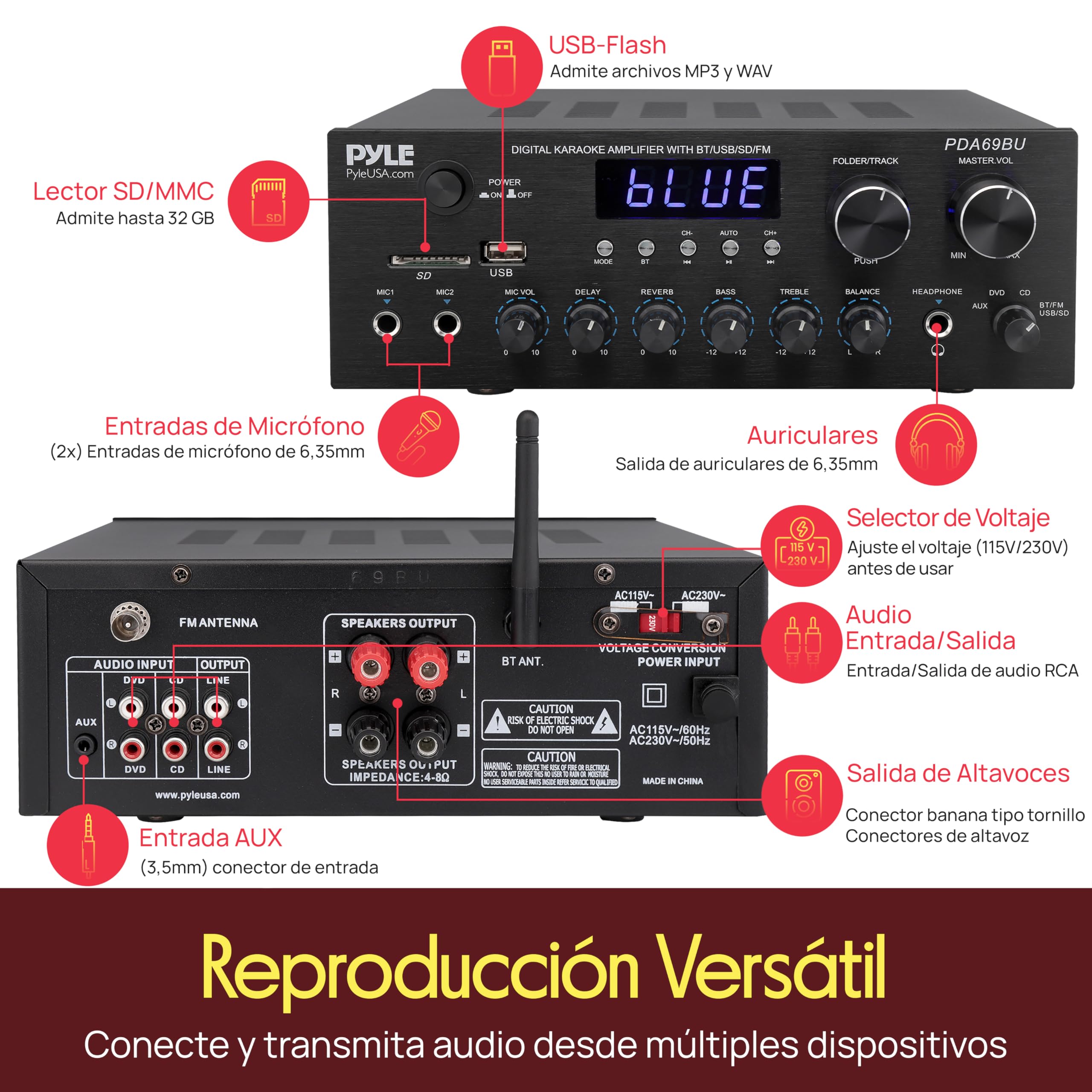 Pyle Amplificador de Audio, para el hogar, Estudio, 300W, Bluetooth, Estereo, 2 Canales, Sistema de Audio MP3, USB, SD, AUX, RCA, Microfono, Audiofonos, FM, LED
