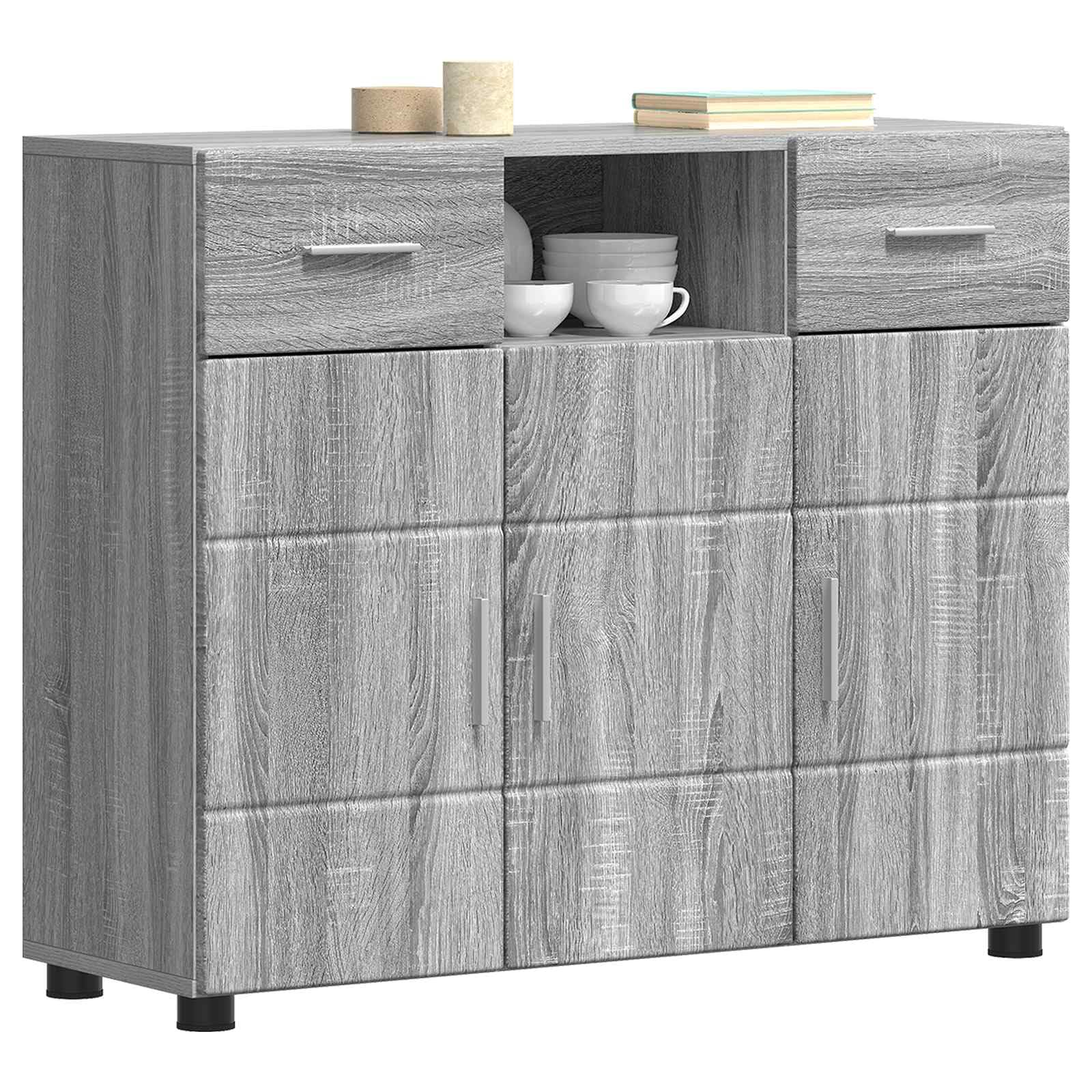 Armadio in legno Sonoma grigio con 3 ante, 2 cassetti, 3 ripiani, opaco, credenza per soggiorno, ufficio, moderna combinazione di pareti
