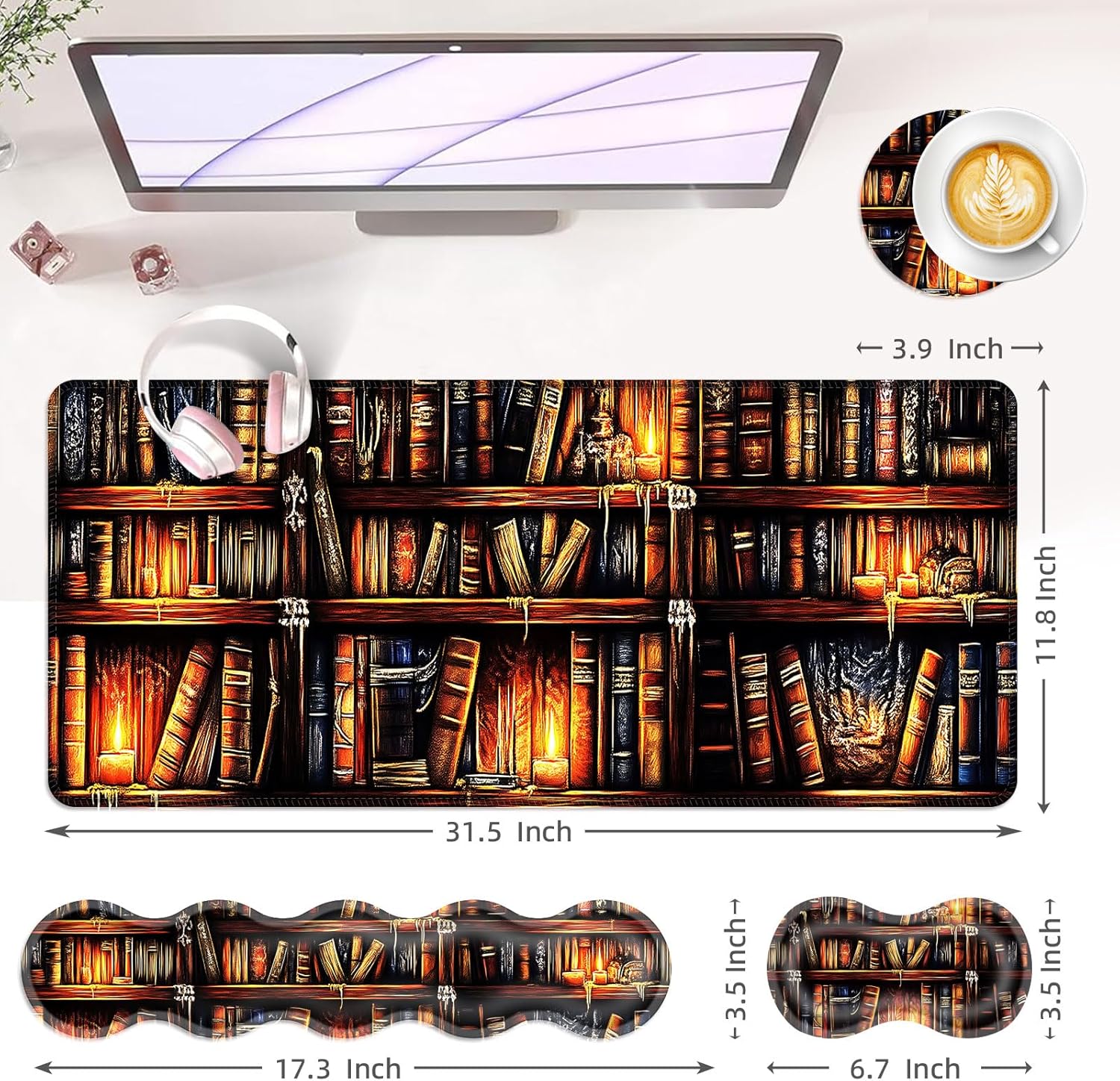 Large Keyboard Mouse Pad Set, Extended Mouse Pad+Keyboard Wrist Rest Support, Memory Foam Ergonomic Easy Typing, 4Pcs (31.5×11.8 in) Desk Pad Set for Office Home,Vintage Bookshelf