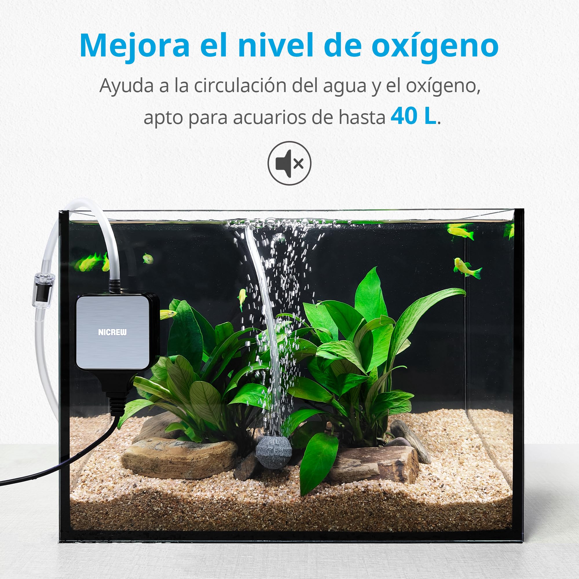 NICREW Oxigenador Acuario Ultra-Silencioso＜33 dB, Nano Bomba de Aire Silenciosa hasta 40 L, Accesorios para Nano Acuario, 18 L/H, 1,5 W - 3