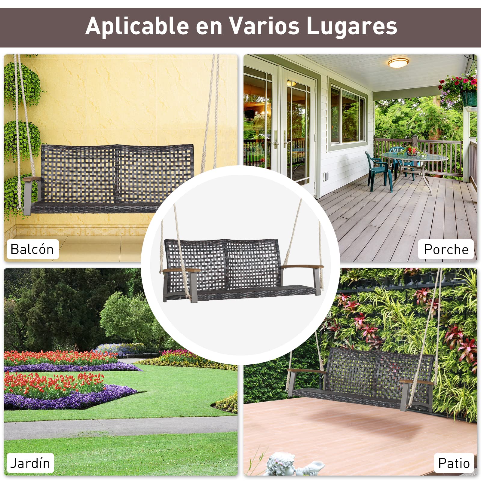 COSTWAY Banco Columpio de Exterior con 2 Asientos de Ratán PE, Respaldo Curvado y Reposabrazos de Madera de Acacia, Carga 360 kg para Pórtico Veranda Patio Jardín (sin cojin)