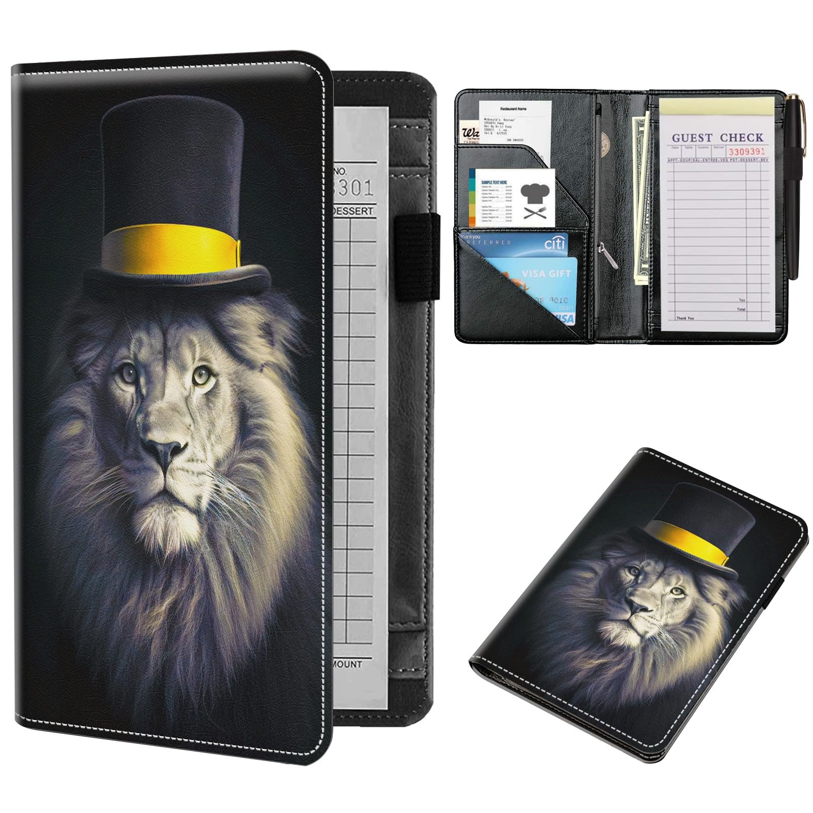 NLZQTTBD Server Book, Server Books for Waitress Compact Cute Waiter Receipt Book PU Leather Waitress Book with Zipper Pocket Cash Check Restaurant Bartender Server Apron Lion Hat
