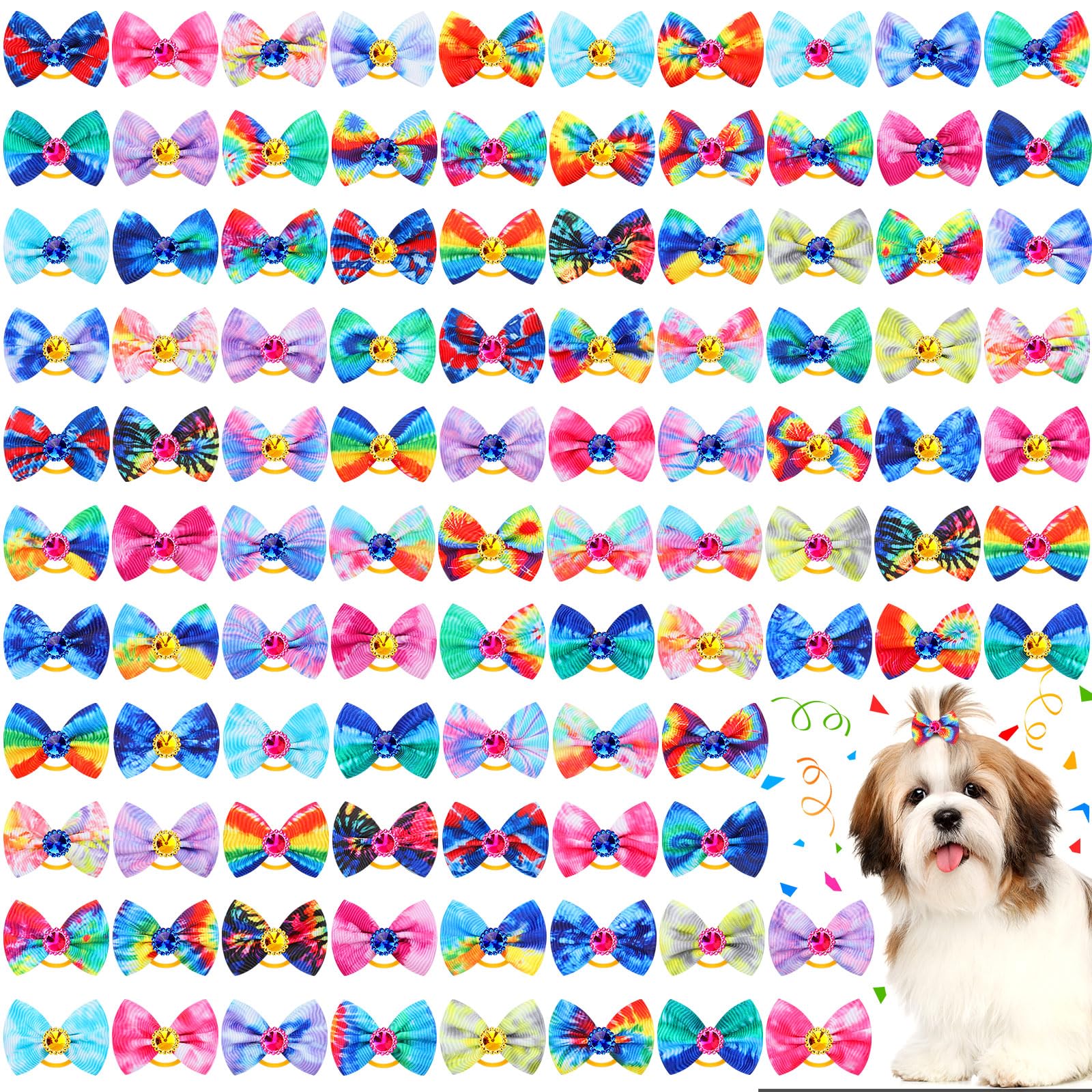 Tondiamo 100 Pack Tie Dye Dog Hair Bows for Dogs Spring Dog Hair Bows with Rubber Bands Puppy Rhinestone Grooming Dog Hair Accessories for Small Girl