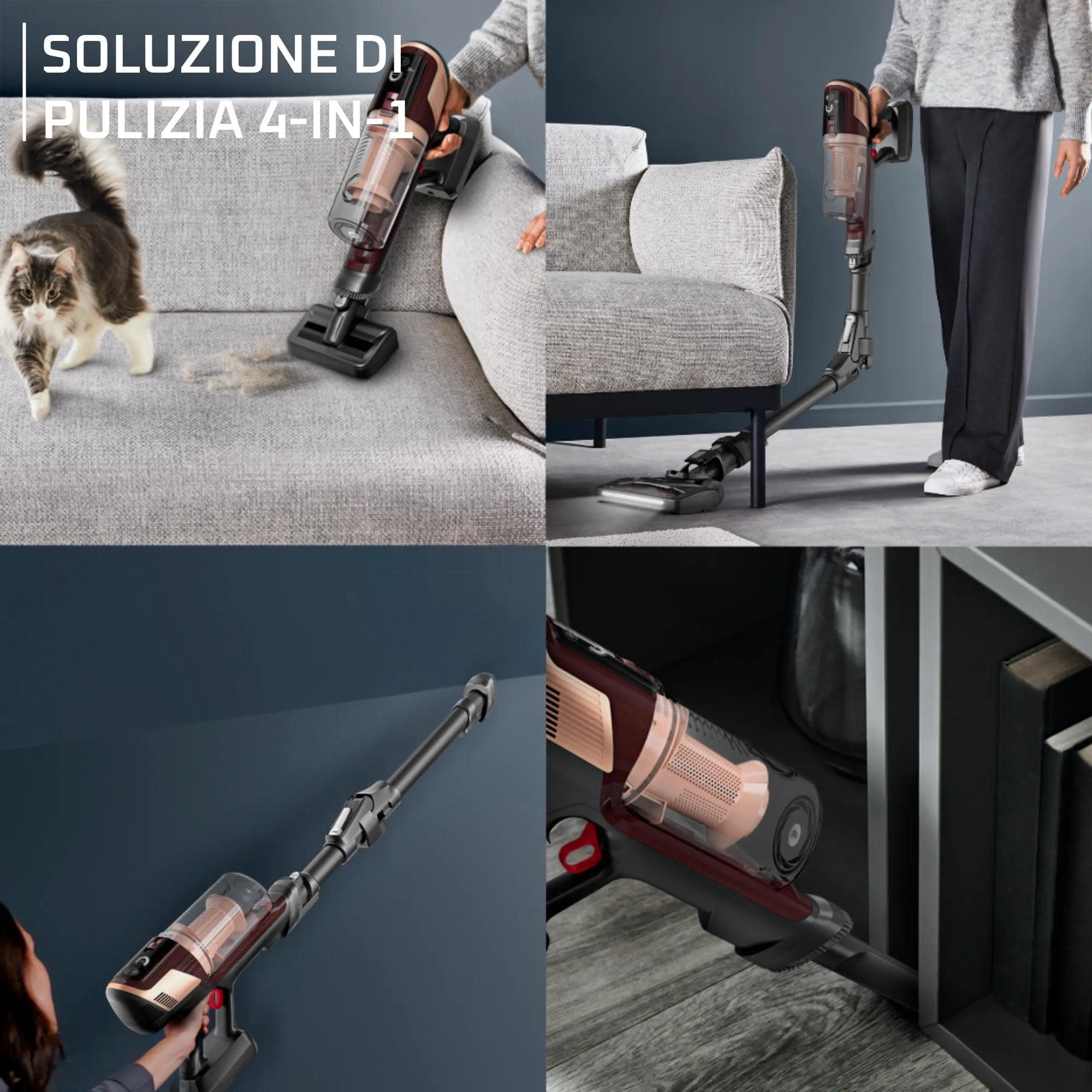 Rowenta X-Pert 6.80 Animal Flex, Aspirapolvere Senza Fili Potente con Spazzola Multifunzione con Luci LED, Kit per Animali, Display, Autonomia Fino a 60 Min, 100 W, Colore Burgundy/Grigio, RH6495