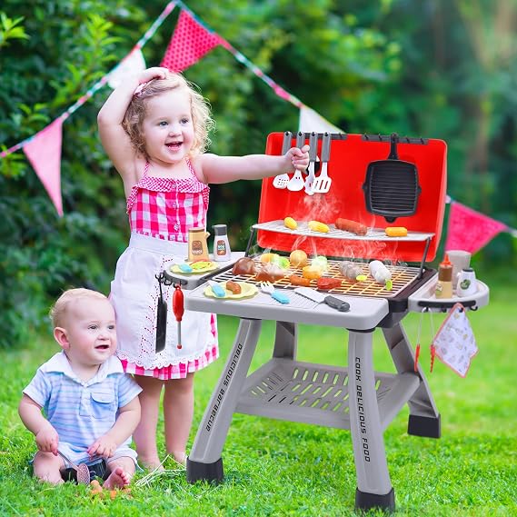 CUTE STONE Children's BBQ Grill Toy Kitchen Toy Set Realistic Smoke BBQ Grill Play Set with Toy Kitchen Accessories Barbecue per Bambini Pink