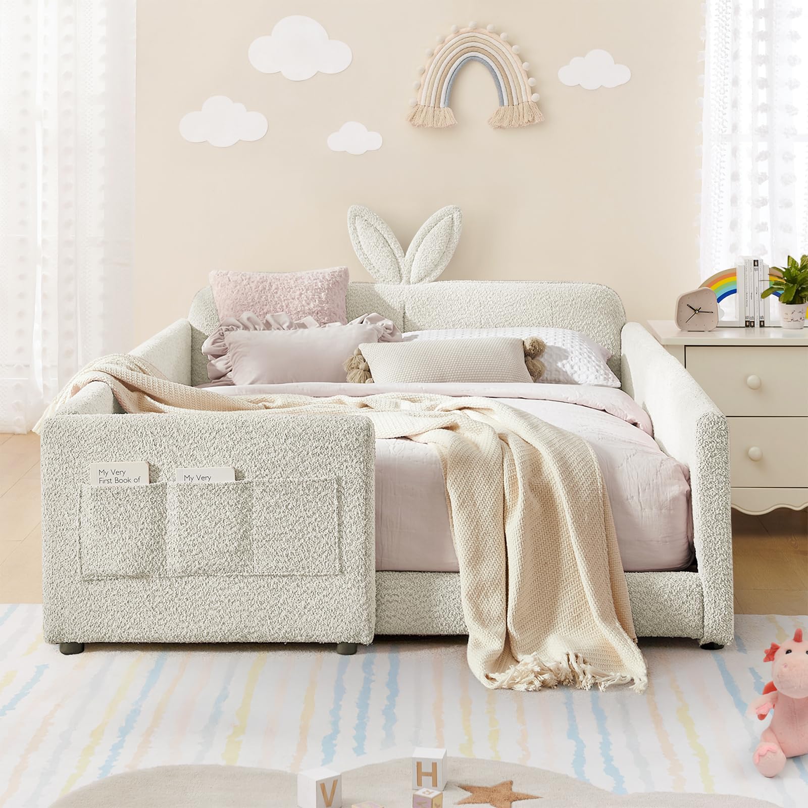 Full Size Kids Bed with Rabbit Ear Headboard, Upholstered Boucle Fabric Full Daybed with Slats Support &amp; Side Pockets, Space-Saving Wooden Corner Sofa Couch Bed Frame for Girls, Boys, Teenager(Beige)