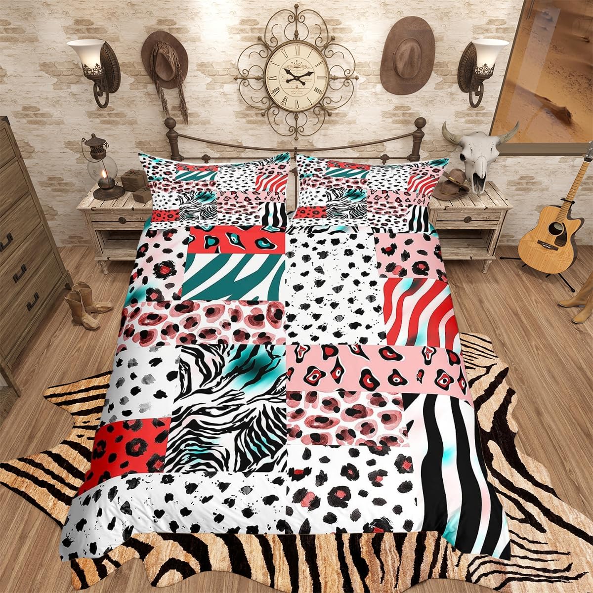 Loussiesd Girls Leopard Print Bedding Set for Kids Women Safari Bedding & Linen Colorful Zebra Giraffe Leopard Tiger Stripes Print Duvet Cover Africa Animal Bedding & Linen King Size 3Pcs — image 1
