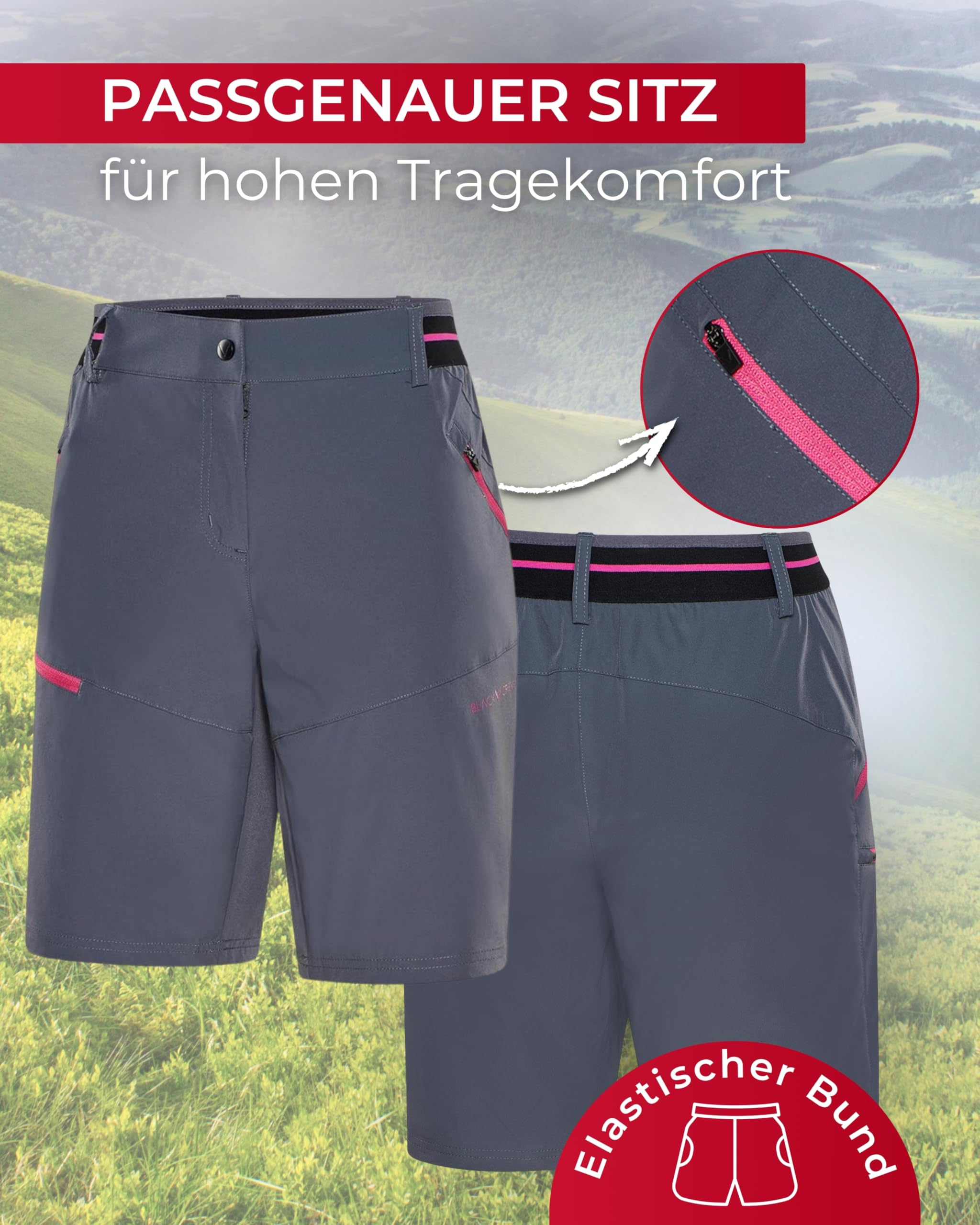 Black Crevice Damen Trekking-Shorts mit 4-Wege Stretch I Größe 36-46 I 88% Polyamid, 12% Elasthan I Atmungsaktiv, wasserabweisend & schnelltrocknend I Ideal für Wandern, Trekking & Outdoor