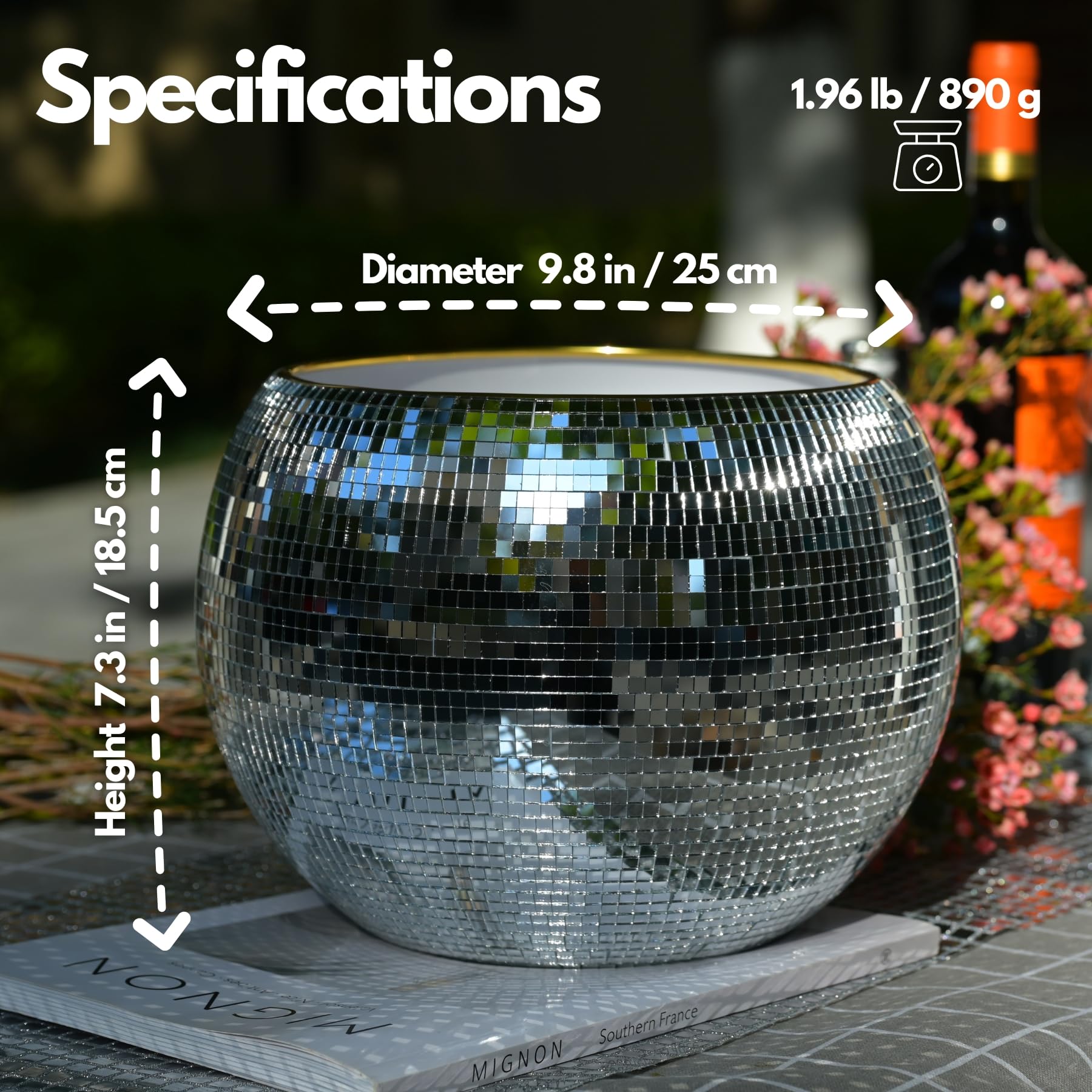 Disco-Eiskübel für Cocktailbar, Spiegel-Silber-Discokugel-Dekoration, Retro-Party-Zubehör, 24,9 cm, Discokugel-Themenparty-Dekorationen, Kühler für Wein, Bier, Champagner, eiskalte Getränke