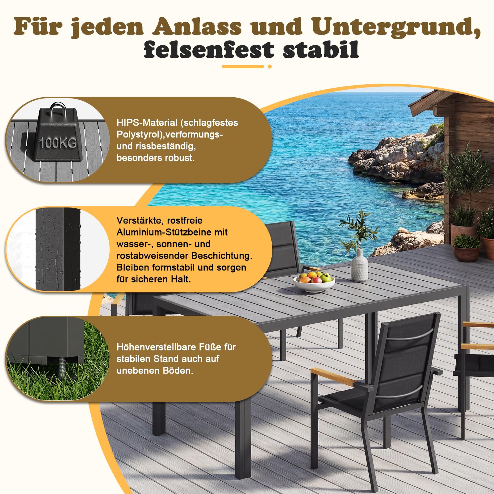 TRIUMPHKEY Gartentisch mit Aluminiumrahmen, 150x80cm PS Balkontisch Wetterfestfür 4–6 Personen, Rechteckiger Terrassentisch, Campingtisch, Hitze- und Wetterbeständig, Grau